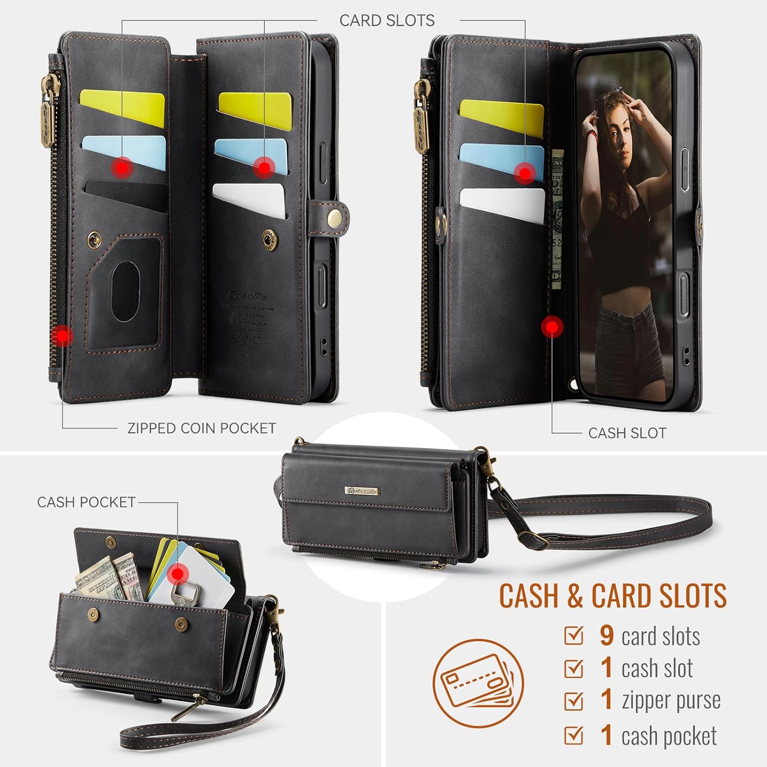 Wallet Case for iPhone 16 Plus – RFID Blocking PU Leather Phone Case with Card Holder, Zipper Pocket, Kickstand, Magnetic Closure, Shoulder & Wrist Strap, Black