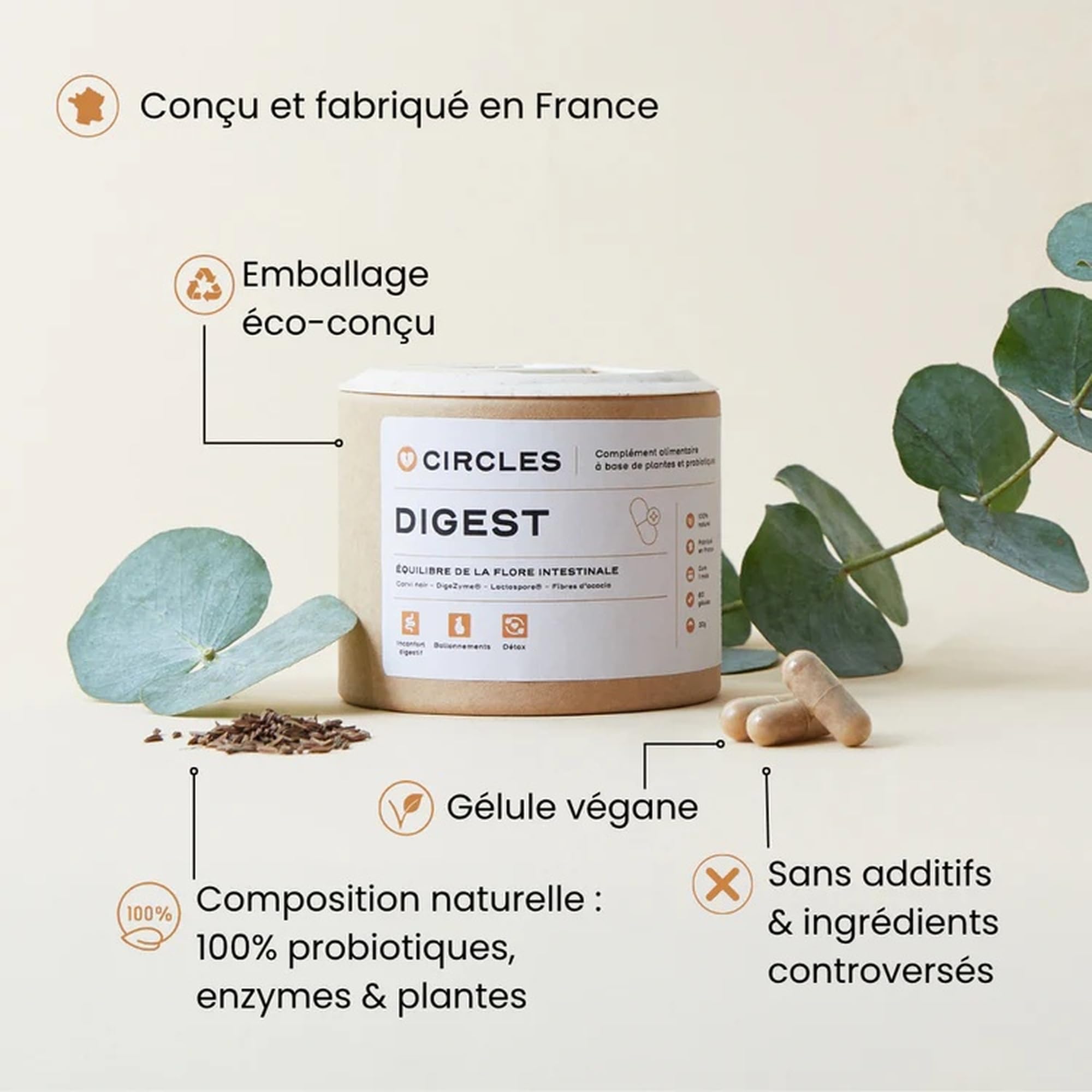 Circles DIGEST Probiotique Femme Bacillus Coagulans Lactospore Enzymes Digestives DigeZyme Flore Intestinale 60 Gélules Vegan