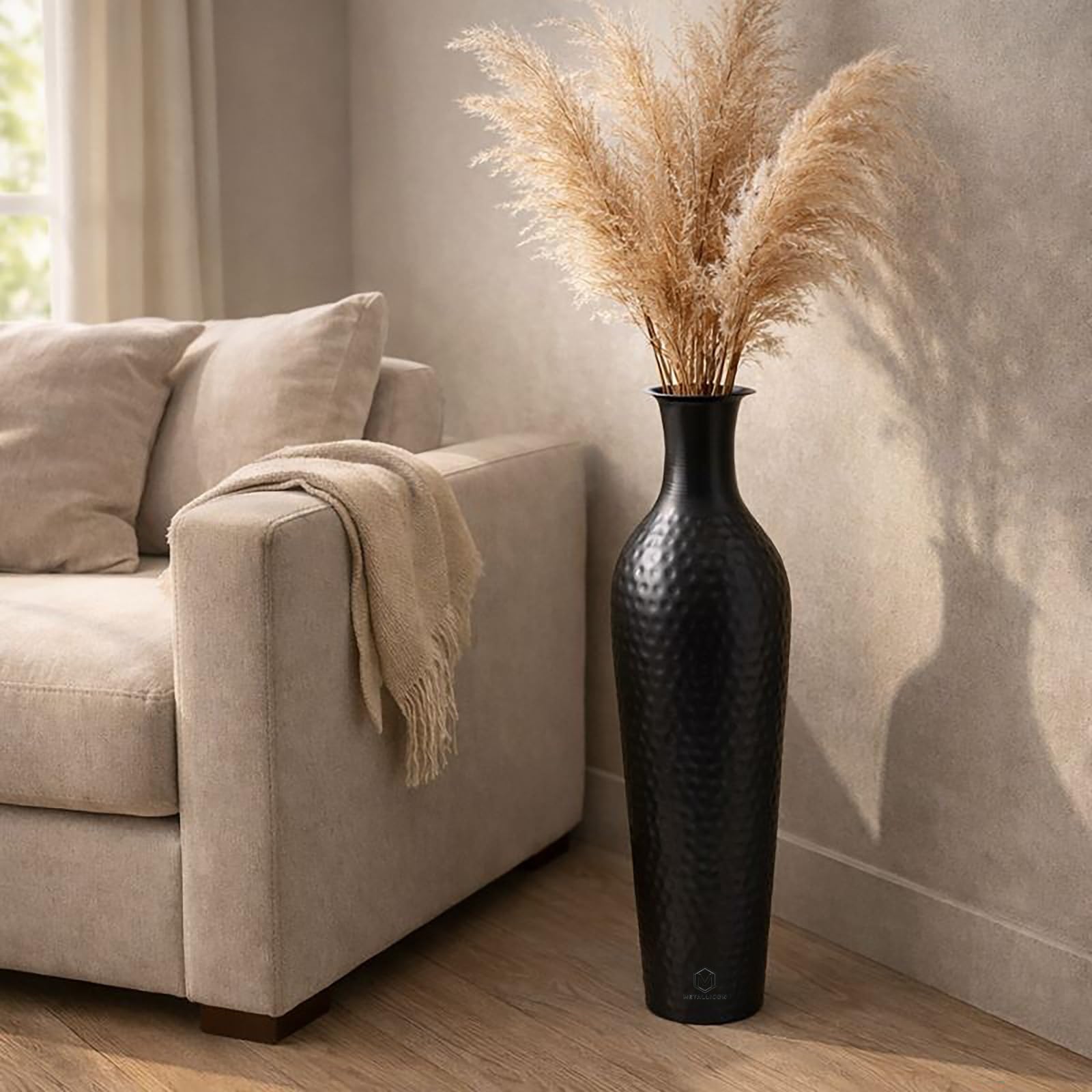 Luxurious Hammered Gold Metal Floor Vase Tall Decorative Vase for Living Room, Modern Minimalist Design, Perfect for Dried Flowers (Black 25.5 Inch)-image-11