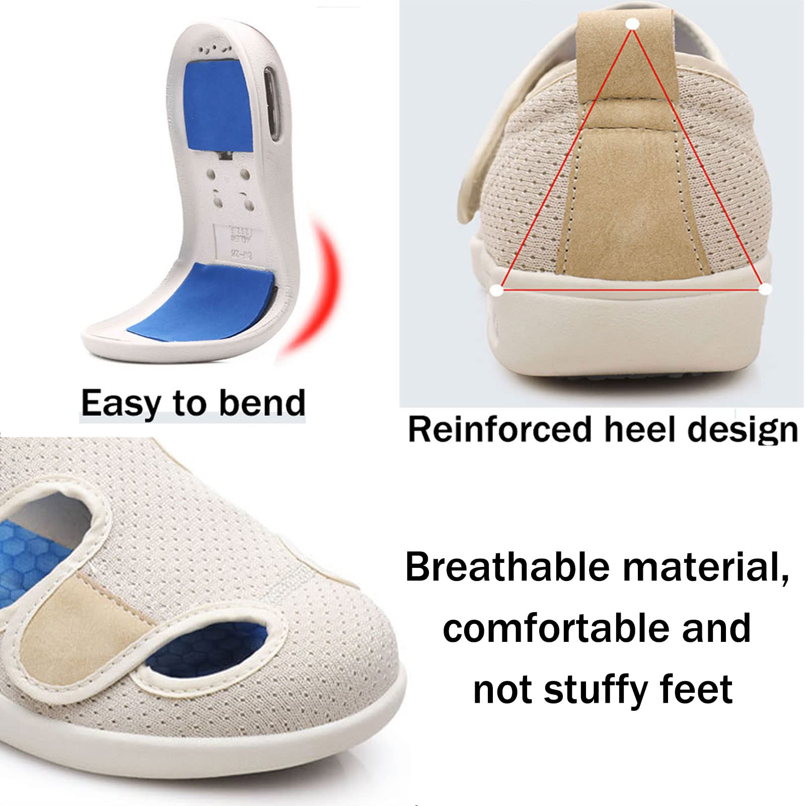 Bardzo Szerokie Buty dla Kobiet z Cukrzycą z OpuchnięTymi Stopami, Szerokie Dopasowanie Obuwie z ObrzęKiem StawóW, ZapięCia Na Rzepy Lekkie Buty do Chodzenia(Size:42,Color:czarno szary)