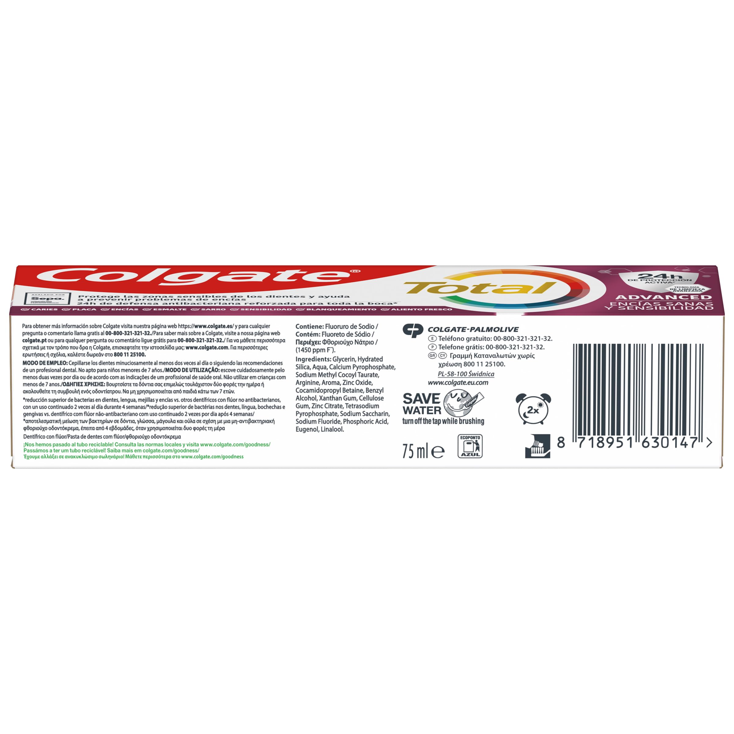 Colgate Total Advanced gengive sane e sensibilità, dentifricio, 12 pzx75 ml, protegge le zone sensibili dei denti, aiuta a prevenire problemi di gengive, 24 ore di difesa antibatterica