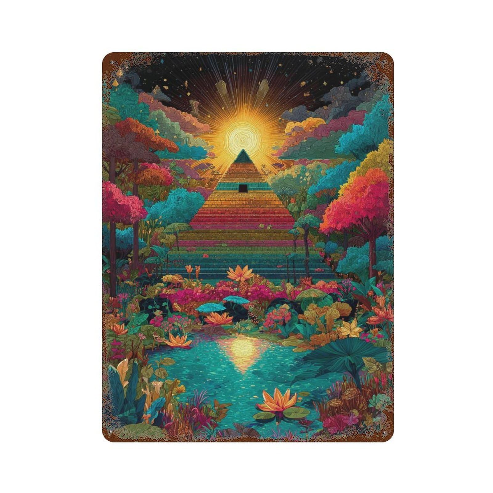 Enchanted Garden with Pyramid Rust Effect Tin Sign 15.7"x11.8", Farmhouse Wall Decor for Bistro, Counter And Cafe Decor