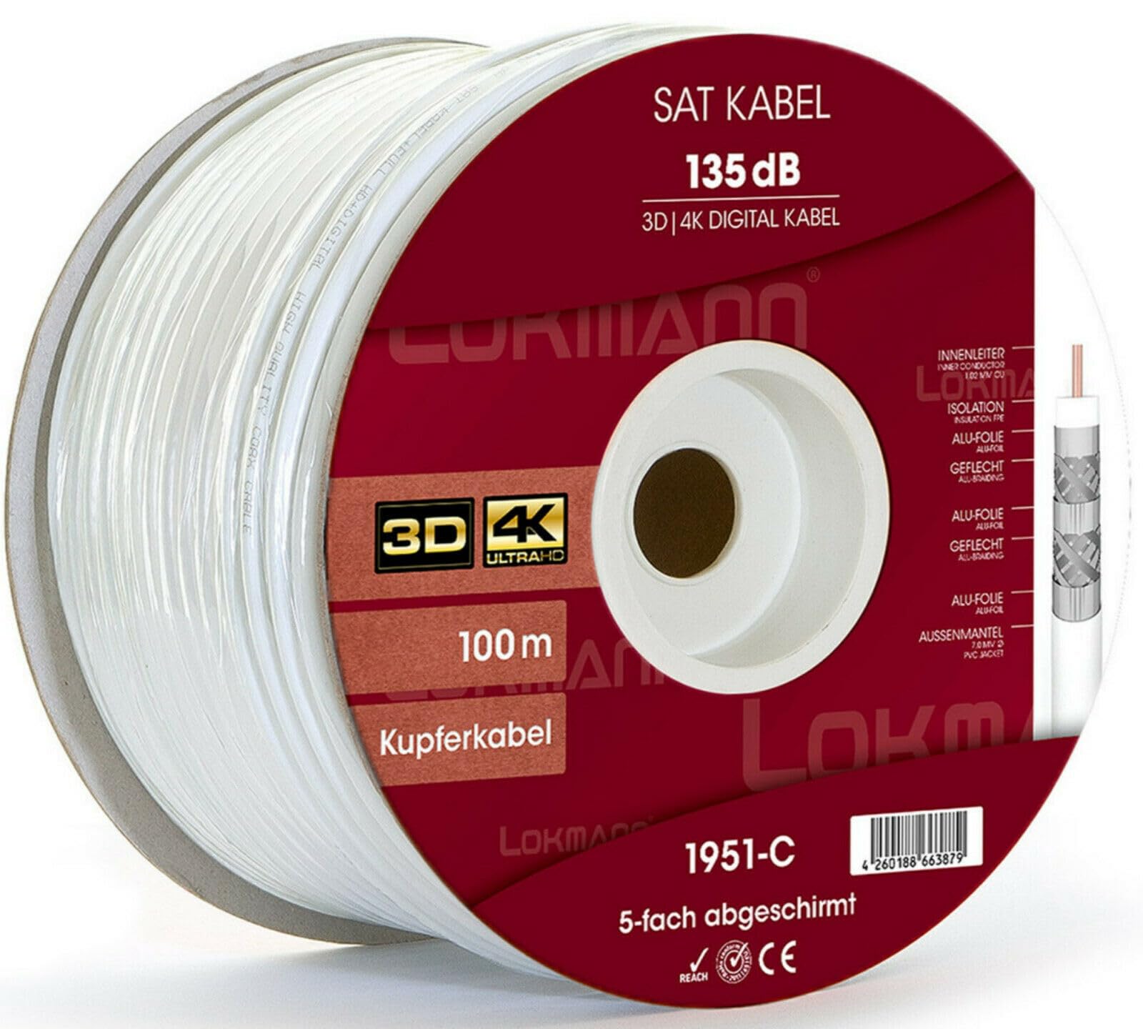 Reines-Kupfer Koaxialkabel 100m, 135dB 5-Fach geschirmt Sat Kabel 4K, 8K | Satellitenkabel, TV Antennenkabel, Full HD, UHD, Cable