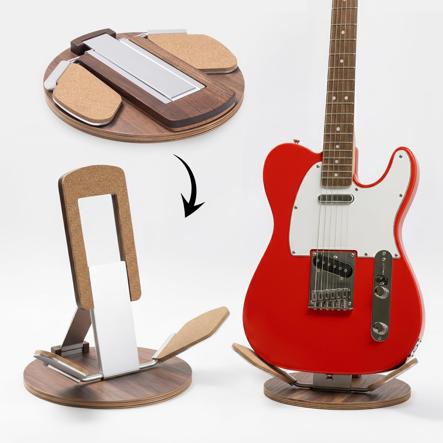 NordicStand klappbarer Gitarrenständer aus Holz - Universeller Bodenständer für Akustik, Elektro, Bass & Ukulele | Tragbar, Faltbar & Umweltfreundlich (Walnuss)