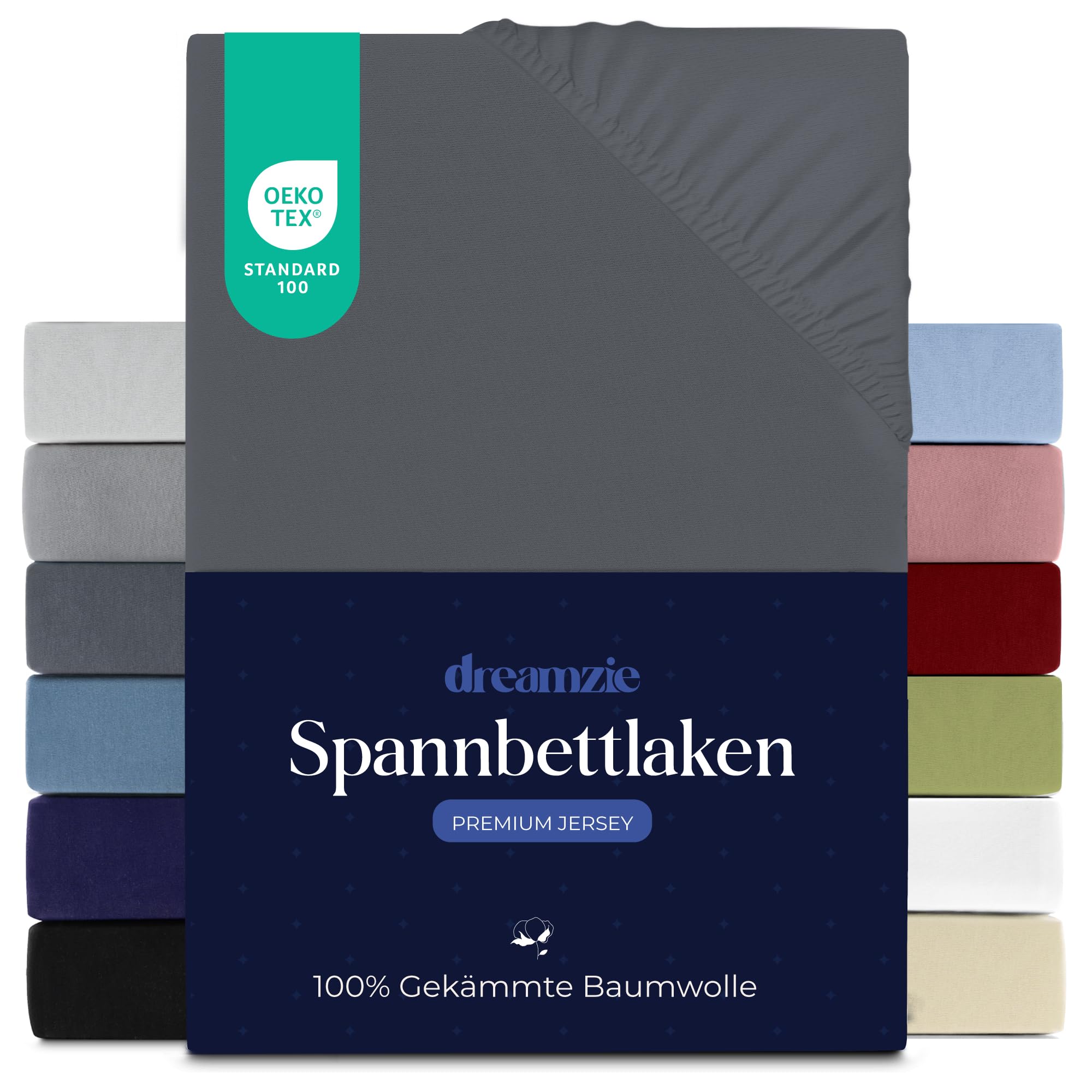 Dreamzie Premium Spannbettlaken 160x200 cm, Spannbetttuch für Dicke Matratzen bis zu 27 cm, Bettlaken 100% Jersey Baumwolle, 150 g/m², Oeko-TEX Zertifiziert - Dunkelgrau
