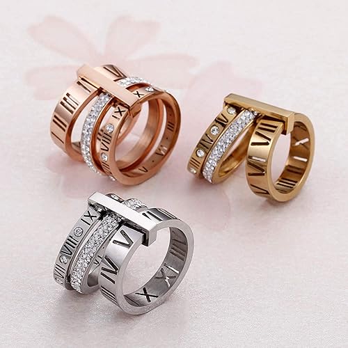 Miniatura 4 de Anillo de acero inoxidable con circonita cúbica y número romano para mujer, 3 en 1, anillos de boda Trinity