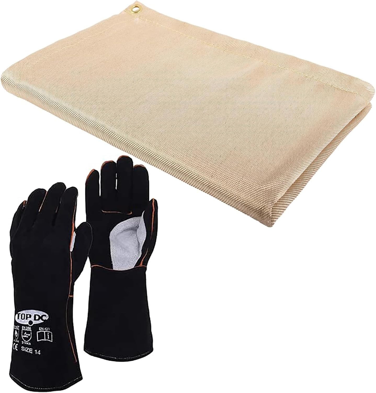 TOPDC Welding Blanket Fireproof 4x6 FT with 14 Inch Welding Gloves, Heavy Duty Fiberglass Fireproof Blanket, 1022°F Heat Resistant Fabric, Fireproof Insulation Blanket for Welding Camping Smoker Grill