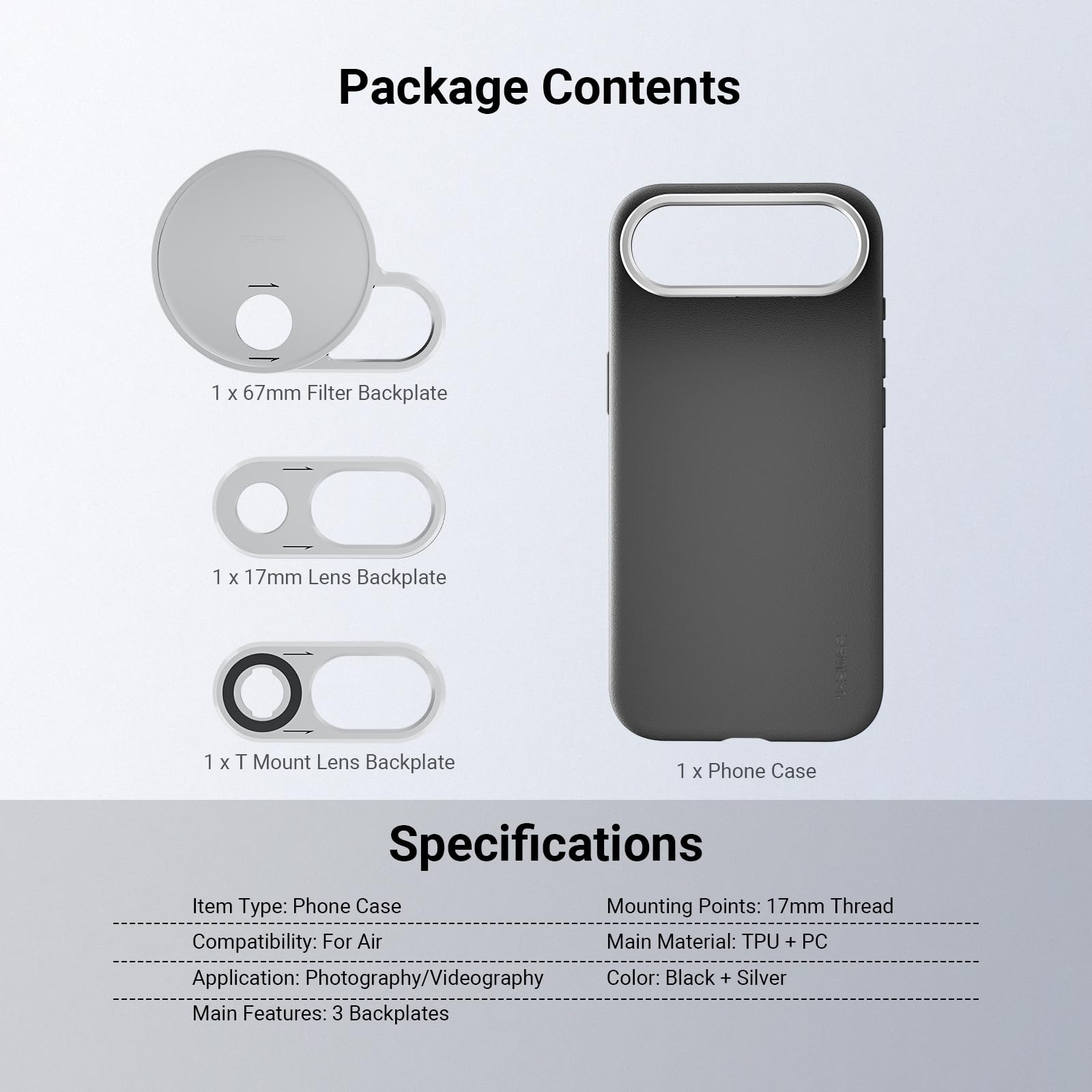 NEEWER Etui na telefon tylko do Air, modułowe ochronne etui na telefon z TPU/PC z pierścieniem filtrującym 67 mm, tylna płytka obiektywu 17 mm, adapter obiektywu z mocowaniem T kompatybilny z Moment