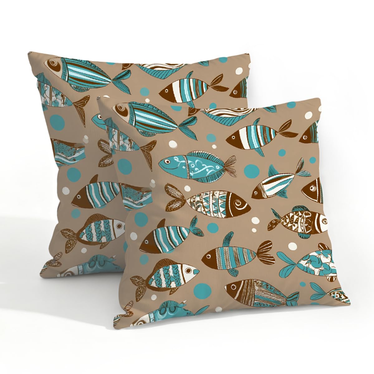 Outdoor Pillow Covers Waterproof Pillowcases 20x20in Set of 2 Boho Teal Fish On Brown Decorative Throw Cushion Case for Couch Sofa Garden Patio Furniture