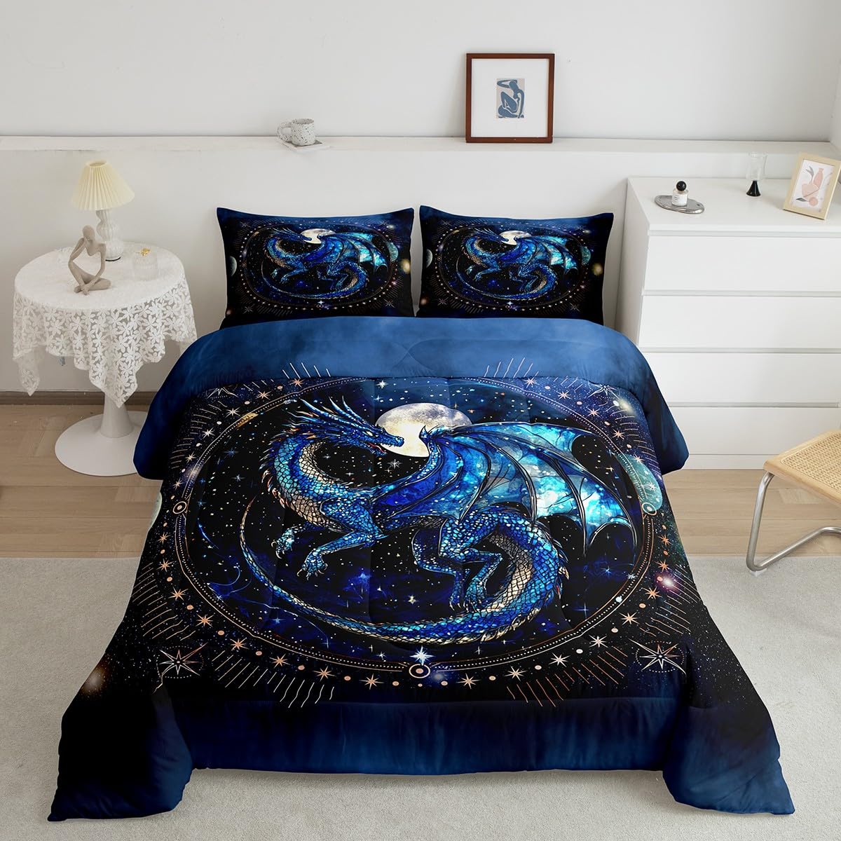 Feelyou Dragon Comforter Set Full Size Comforter for Boys Girls Teens Luxury Bedding Set Dragon Decor Duvet Set Room Decor Blue Black Quilt Set