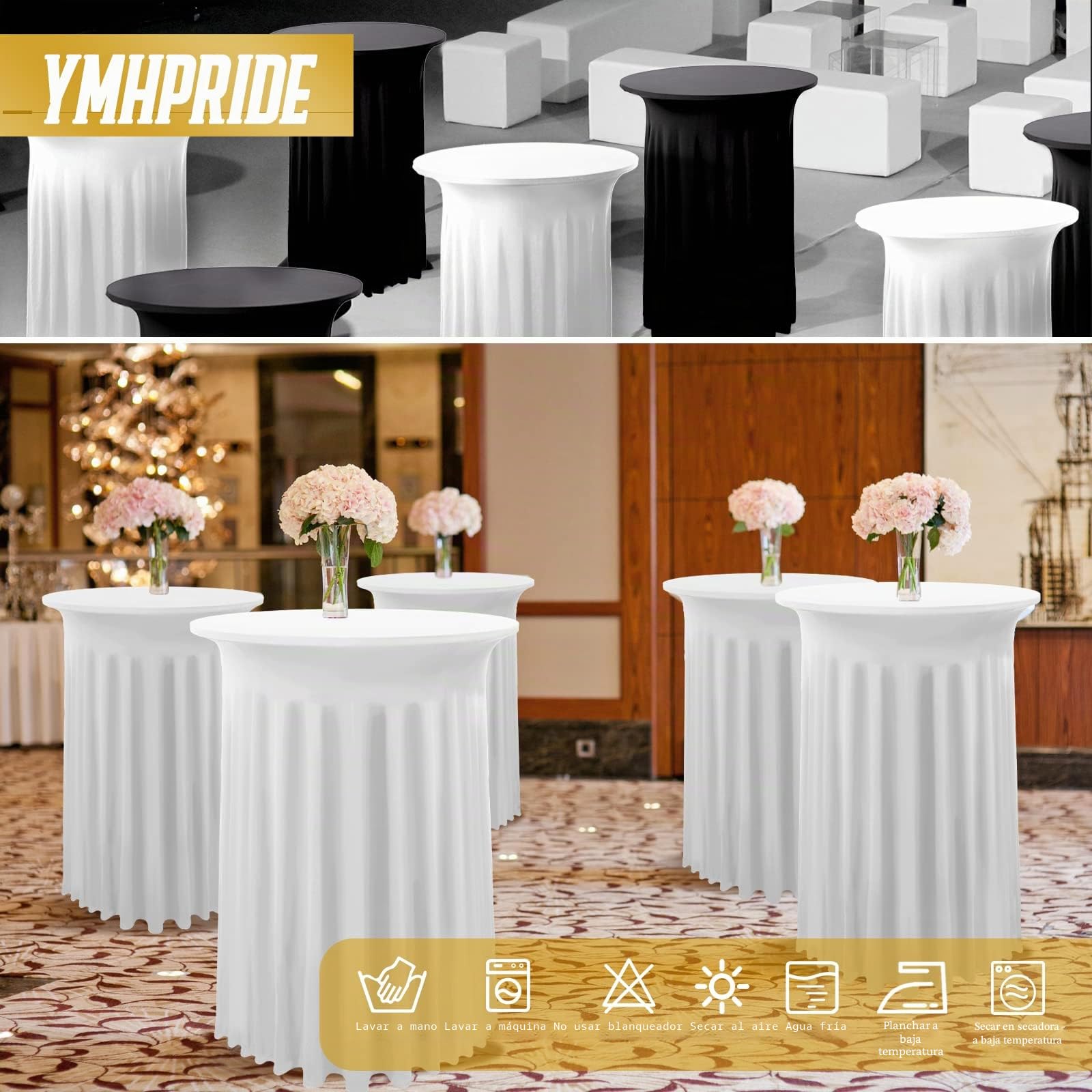 Set de 2 Blanco Fundas elásticas para mesas Redondas de Bar con Falda, Ø 80-85 cm, Manteles de Cóctel para Mesas Altas,Mantel Redondo para Mesa Redonda Bar Boda Mantel de Banquete(80 x 110 cm)