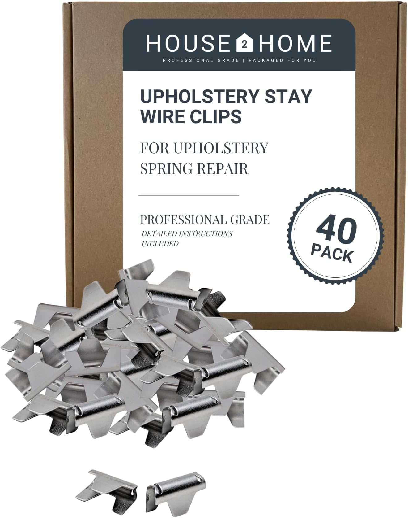 House2Home 40 Pack Upholstery Stay Wire Clips for Sofa, Couch, and Chair Spring Repair, Includes Instructions, Connectors to Attach Springing Wire to Springs
