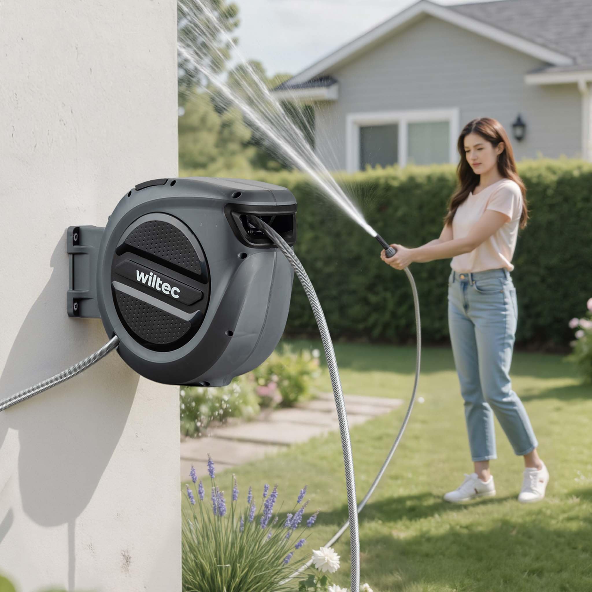 XPOtool Schlauchtrommel, Wand Schlauchbox mit Aufroll-Automatik und 20m Wasserschlauch, Gartenbewässerung