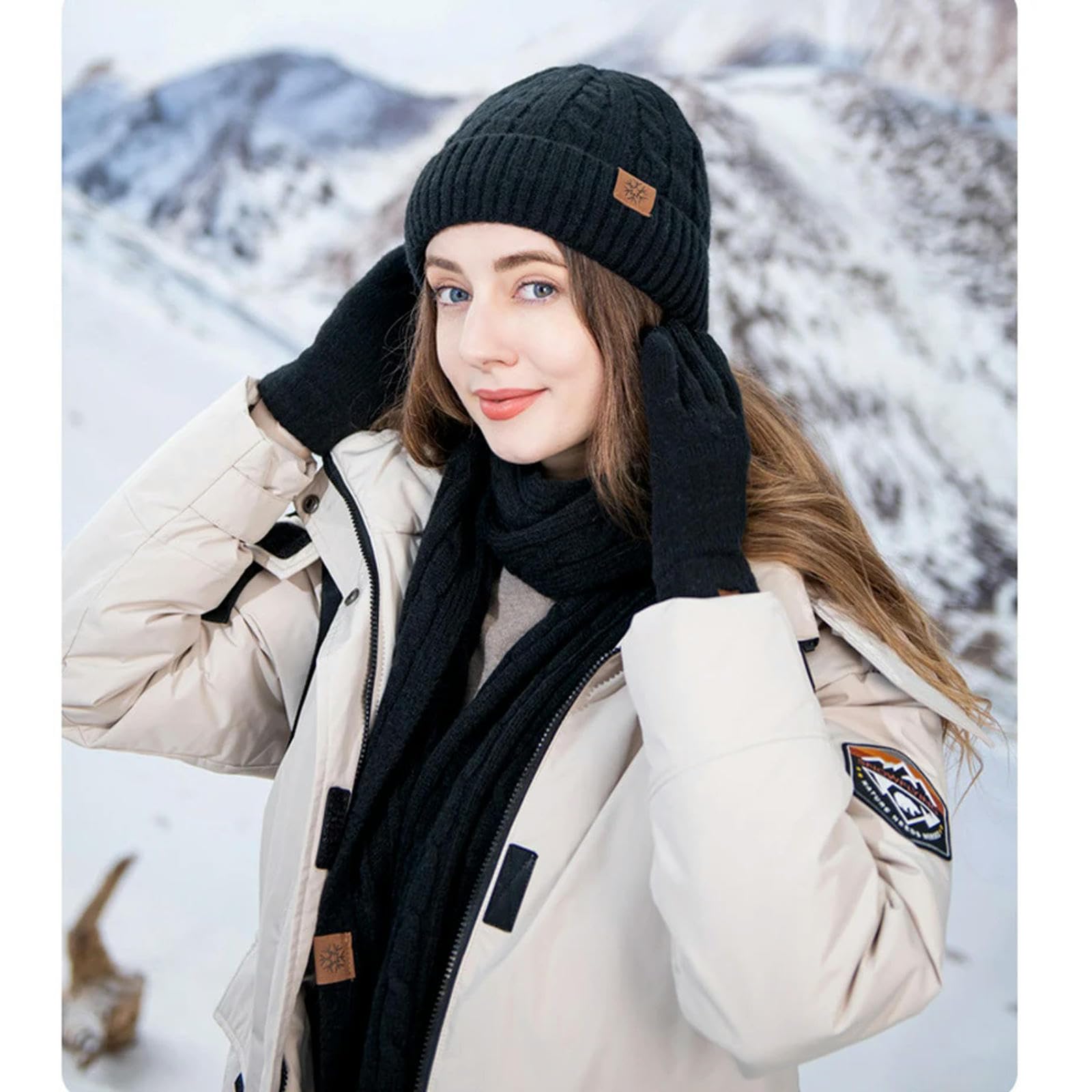 Schal Mütze Handschuh Set 3Pcs Thermisch Warm Gestrickte Beanie Cap Schal Wärmerer Touchscreen -Handschuh Outdoor -Sportarten