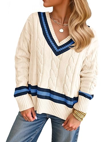 Saodimallsu Womens V Neck Cable Knit Sweaters Long Sleeve Color
