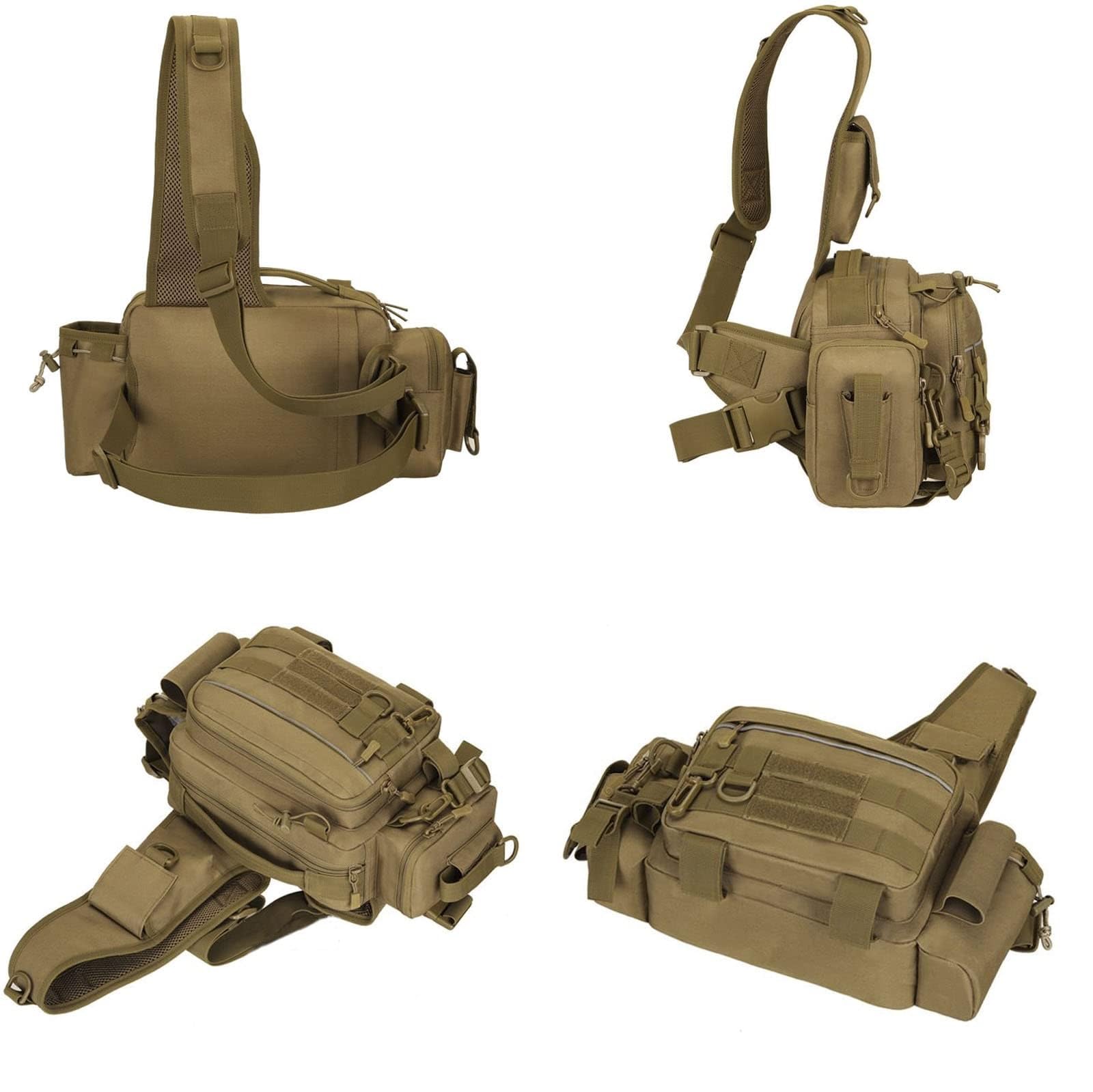 Borsa Pesca Tattica, Multifunzionale Resistente All'Acqua Cintura Tracolla, con Portacanna Sistema Molle per Pesca All'Aperto, Escursionismo Viaggi(Black)