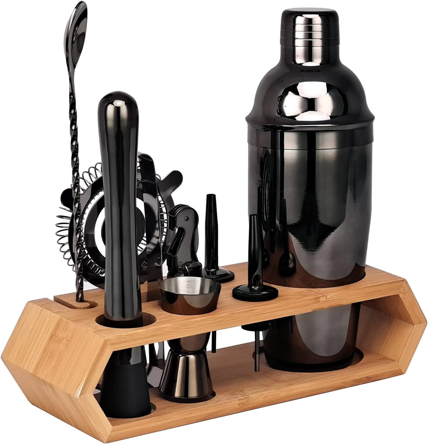 Cocktail Shaker Set with Stand Base Great Bartender Kit Gift 10 Pcs Stainless Steel Bar Tool Set with Boston Shaker,750ml,Brown
