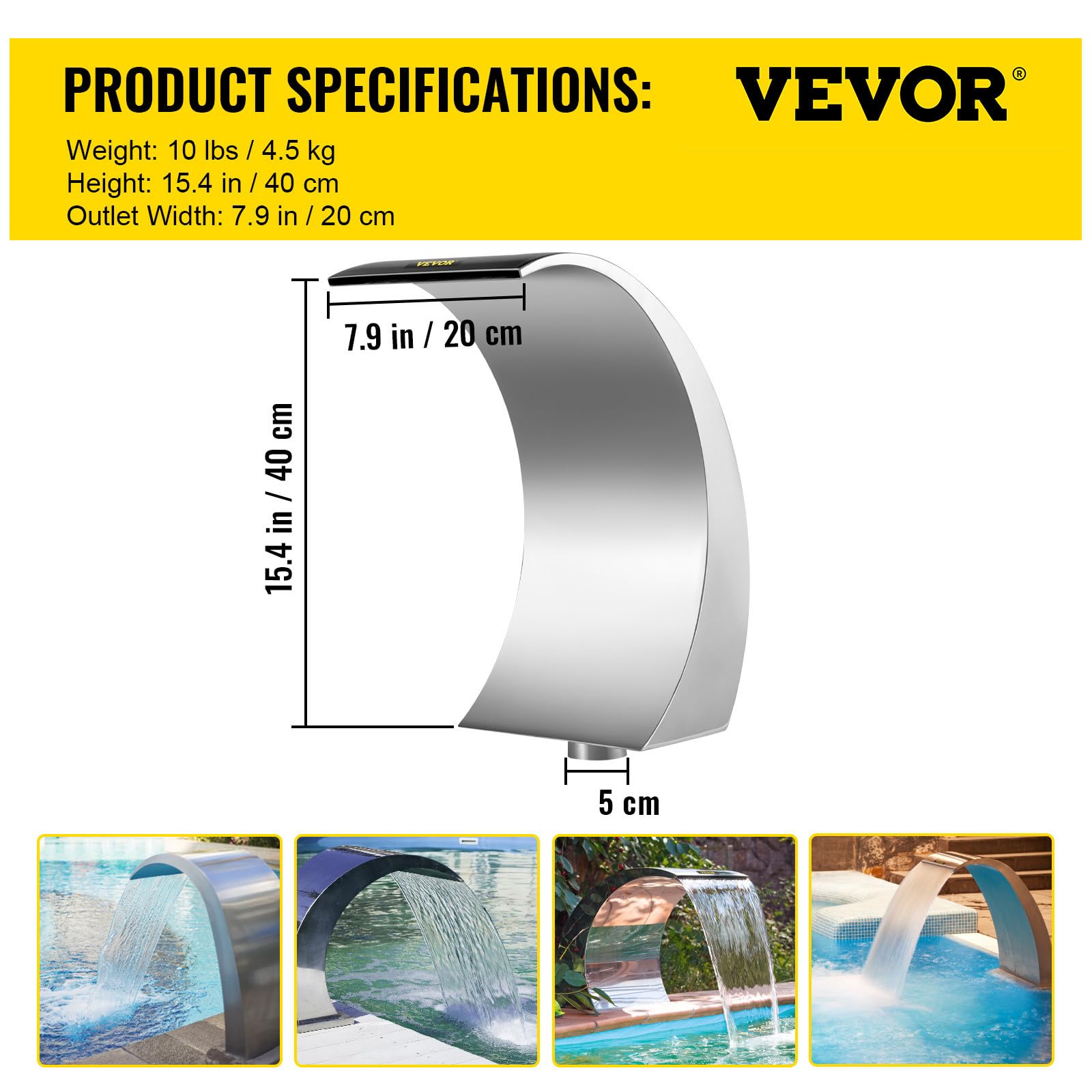 VEVOR Fuente de Cascada para Piscina Fuente de Acero Inoxidable 40 x 20 x 3,81 cm Fuentes de Piscina Plateadas para Piscinas de Tierra Jardín Cascadas al Aire Libre Característica de Agua de Esta