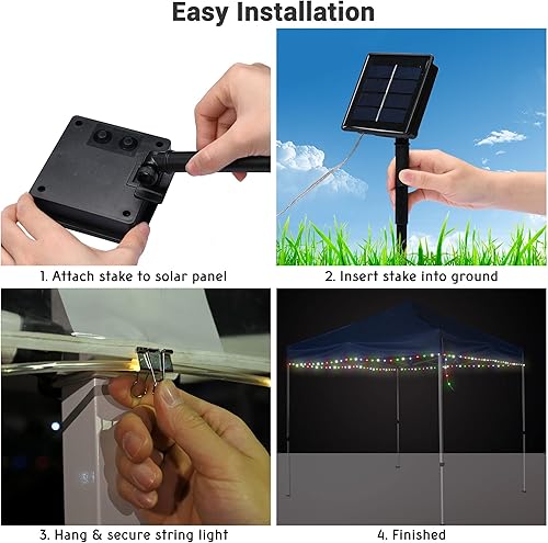 Miniatura 7 de Yescom Tira de luces solares de 40 pies con 120 luces LED, 8 modos RGB, para fiestas, exteriores, jardín, patio, sombrilla con clip, multicolor