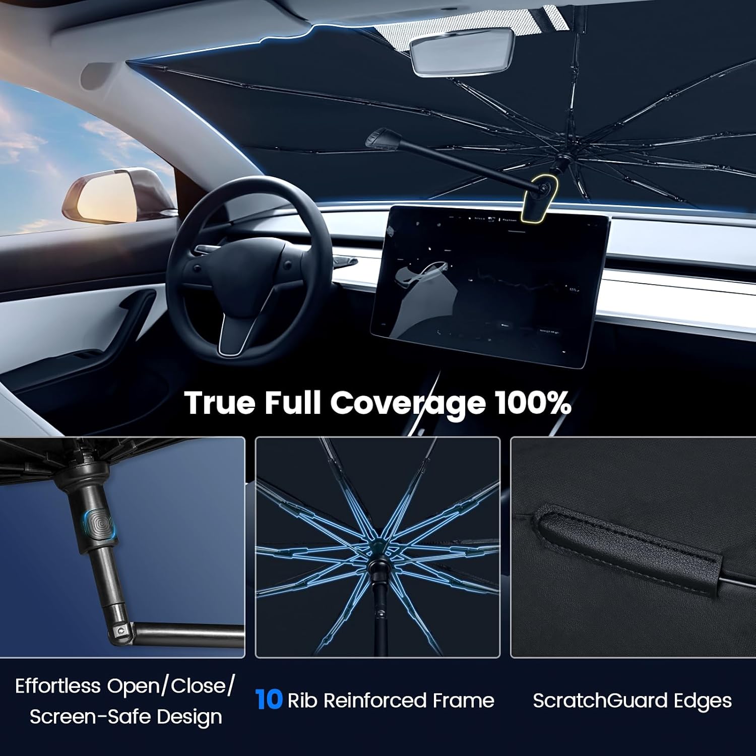 Windshield Sun Shade Umbrella for Toyota Sienna 2021-2026, Foldable Car Window Interior Sunshade with 360° Bendable Handle & Rearview Mirror Cutout, Titanium Silver HUPF 50+ Heat Insulation