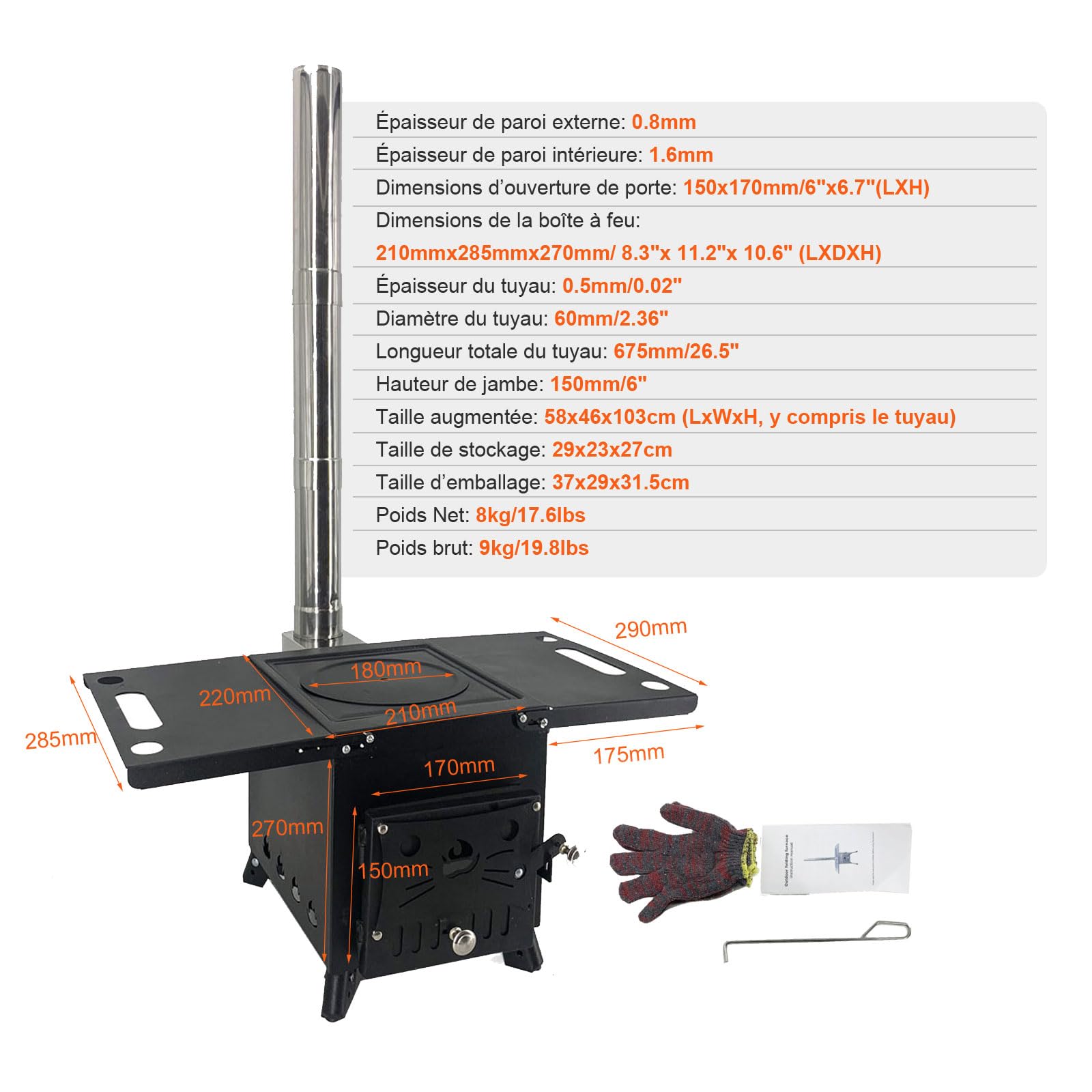 Poêle à Bois à Double Paroi, Pieds Démontables, Acier Carbone | 3 Tuyaux, avec Crochet et Gants, Réchaud Camping Portable pour Chauffage, Barbecue, Camping, Randonnée, Chasse