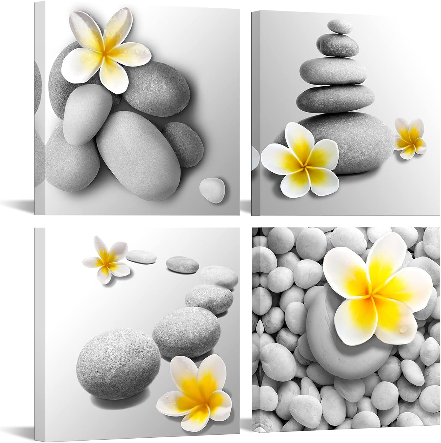iKNOW FOTO Zen Stone with Yellow Flower Canvas Wall Art, Tranquil Spa-Inspired Design, Home Décor for Bedroom, Bathroom, Living Room Stretched & Framed Ready to Hang (16x16 inches) Medium Yellow