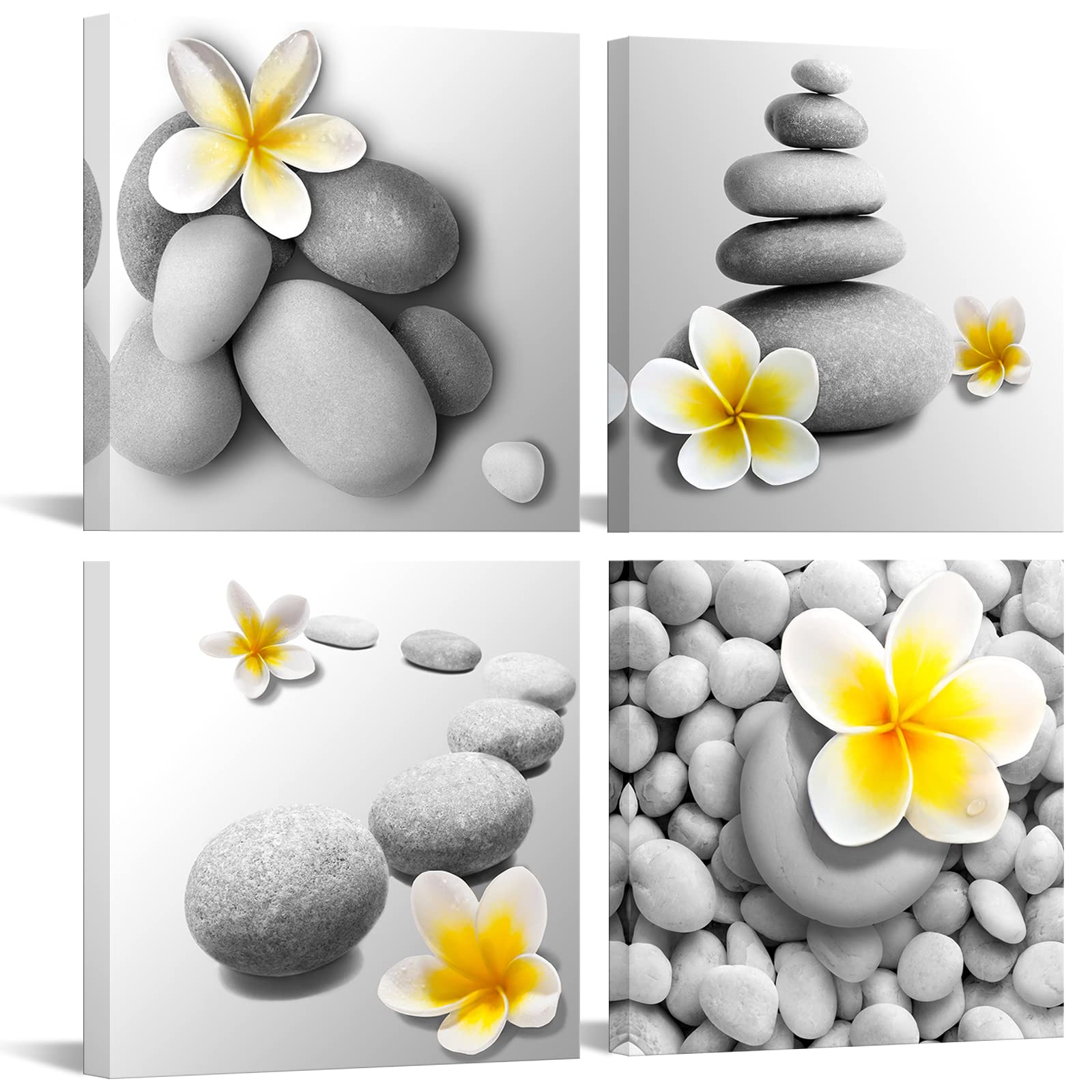 iKNOW FOTO Zen Stone with Yellow Flower Canvas Wall Art, Tranquil Spa-Inspired Design, Home Décor for Bedroom, Bathroom, Living Room Stretched & Framed Ready to Hang (12x12 inches)