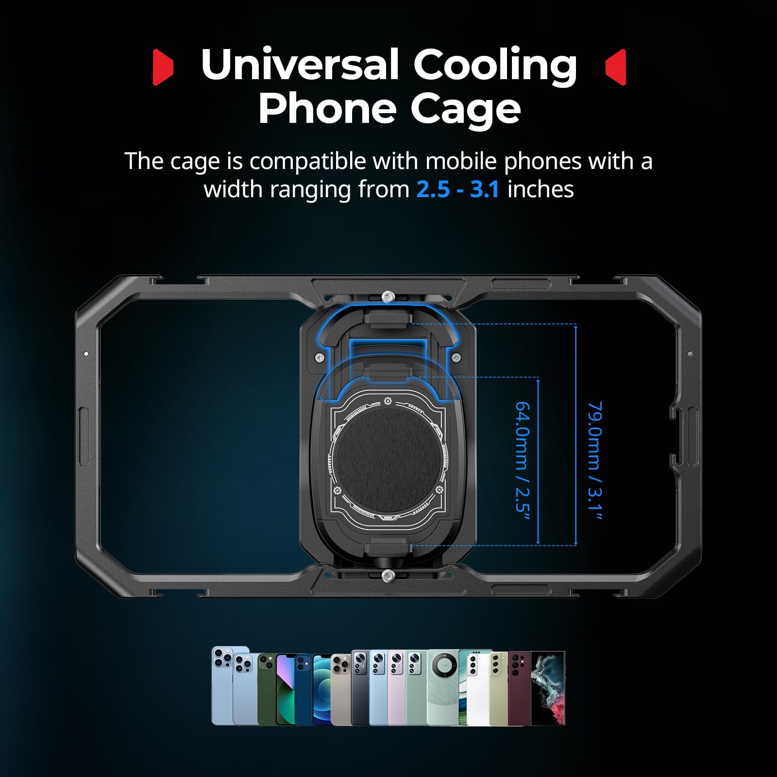 SMALLRIG Universal-Hyper-Chill-Kühlbox für iPhone/Android, mit 15-W-Aktivkühler, 2-in-1-USB-C-Adapter und Powerbank-Halterung, kompatibel mit 2,5-3,1-Zoll-Smartphones – 5275