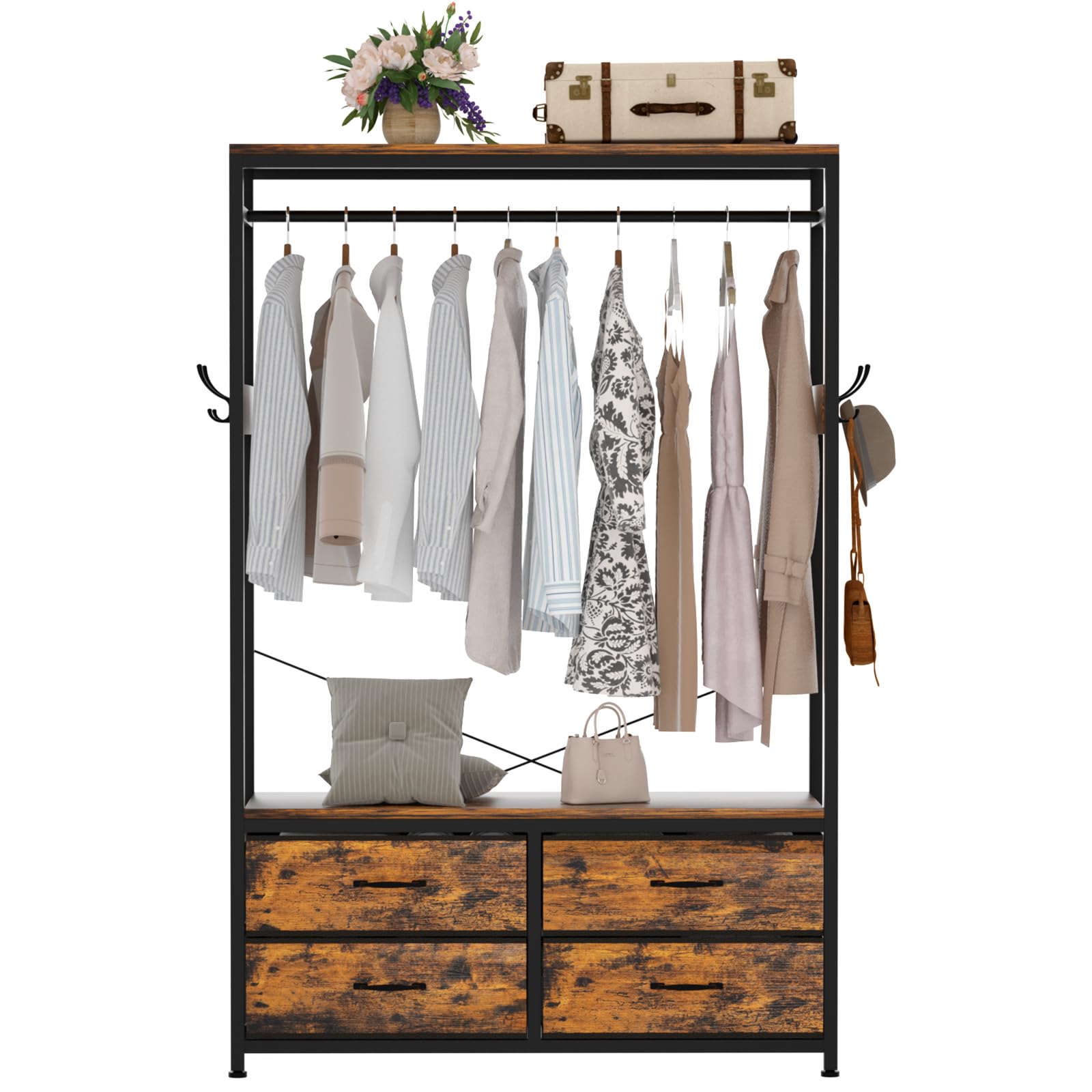 Yorbay Perchero de pie para colgar ropa, resistente con 4 cajones, 4 ganchos y estantes, almacenamiento para dormitorio y sala de estar
