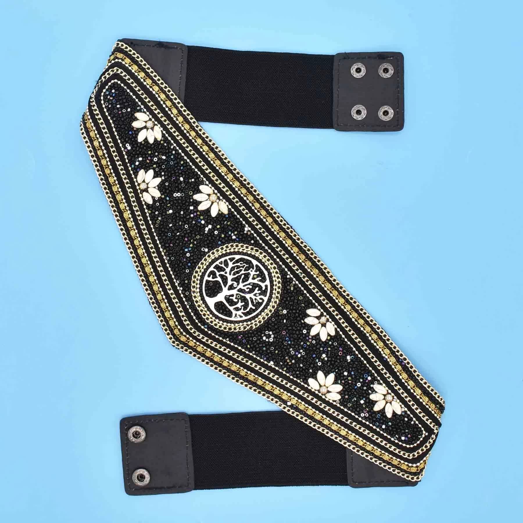 idealway Bohemian Women Belts Wide Stretch Elastic Waist Cinch Belt Handmade Beaded Flower Adjustable Belt for Dresses