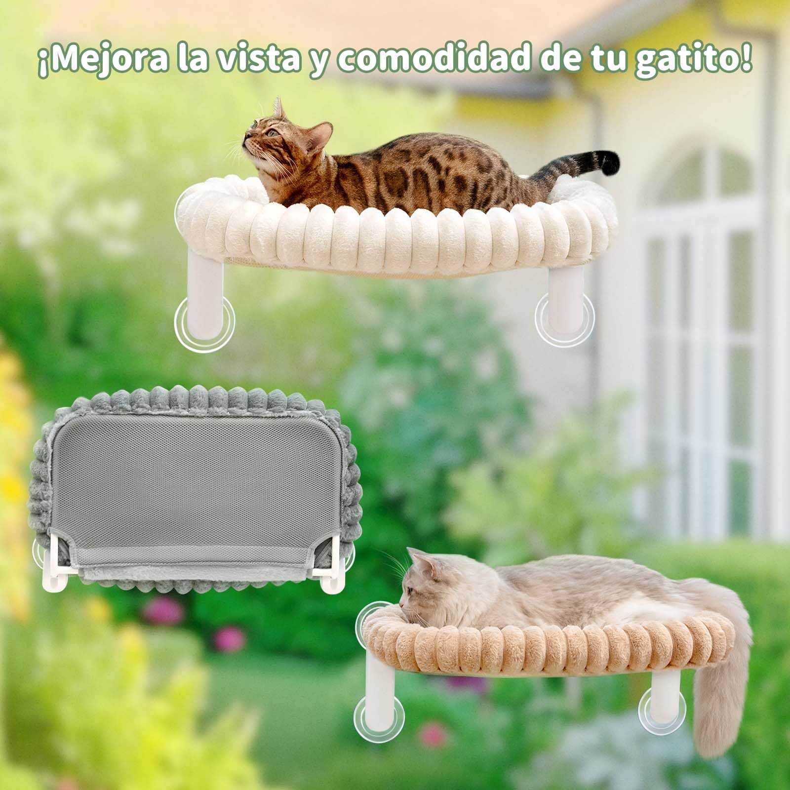 GUUSII HOME Hamaca Gato Ventana Plegable Cama con Ventosa Fuerte Gatos Grande Colgante Soporte Camita para Gatitos de Interior con Alfombra Reversible Cat Window Perch Bed 54 * 30cm (Camello Claro, M)