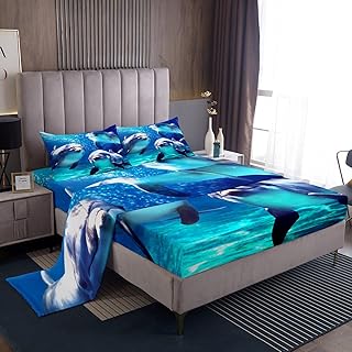 Cute Dolphin Bed Sheets Set King Size, 3D Dolphin Sheets for Kids Boys Girls Teens Ocean Themed Room Decor, Blue Sea Wave Sheet Set, Sea Animals Underwater World Top Sheet with Pocket, 4 Pieces