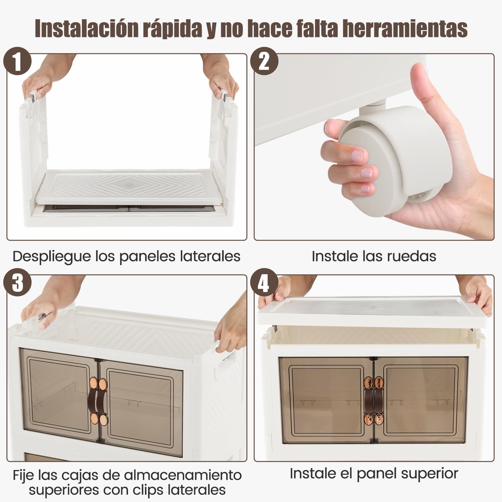 COSTWAY Cajas Almacenaje 105L, Juego de 3 Cajas Organizadoras Plastico con Ruedas Bloqueables, Baul Almacenaje Dormitorio con Tapas Plegables de PP, Cajas Plastico Transparente Apilable con Puertas