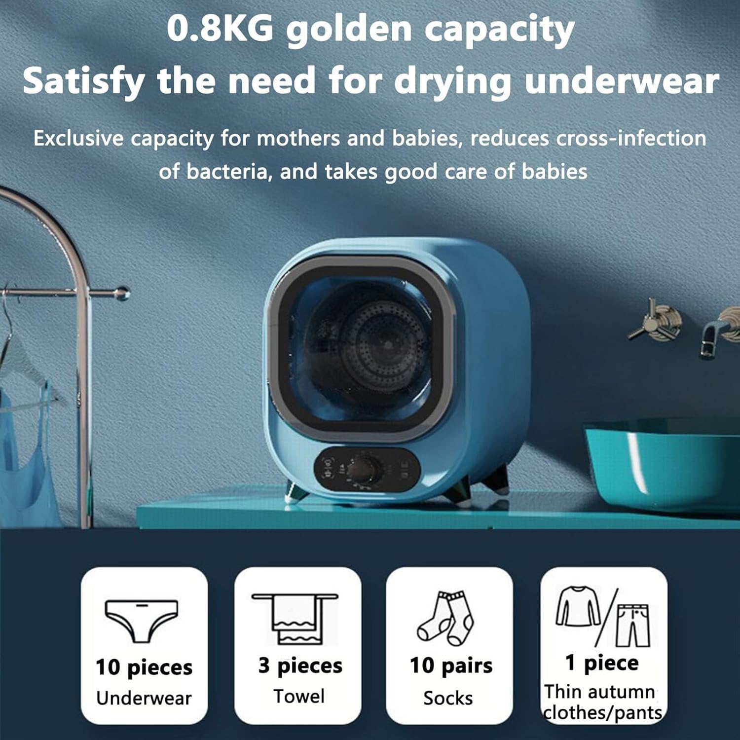Small Condenser Spin Dryer with Stainless Steel Tub,with Dual Temperature Control Probe,Spin Condenser Clothes Dryer,0.8kg Load Capacity for Home, Apartments and RVs Compact for Small Spaces(B)