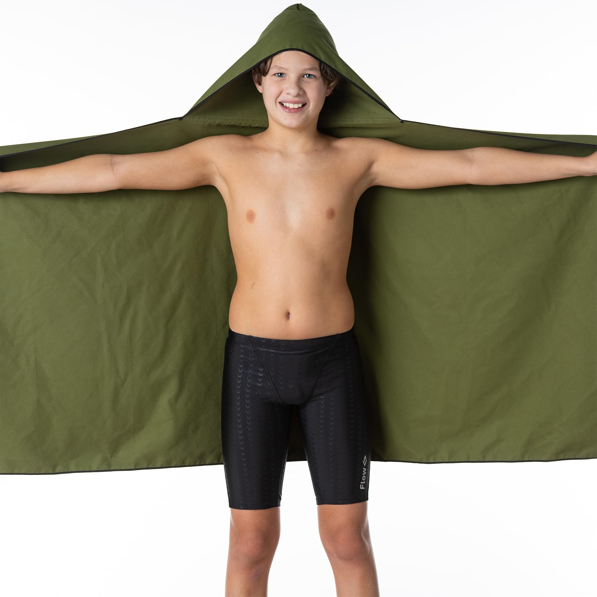 Flow Hydro - Toalla deportiva de microfibra de secado rápido para natación, piscina, triatlón y otros deportes acuáticos en tamaños mediano, grande, extragrande y con capucha (verde militar, grande