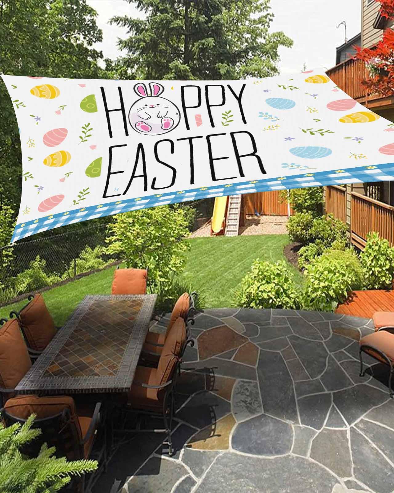 Boanket Sun Shade Sail 6.5' x 10', Happy Easter UV Block Sun Sails Shades for Outdoor Decor, Blue Plaid Colorful Eggs Bunny Floral Shade Cloth for Patio Deck Terrace Garden Lawns Beach Backyard