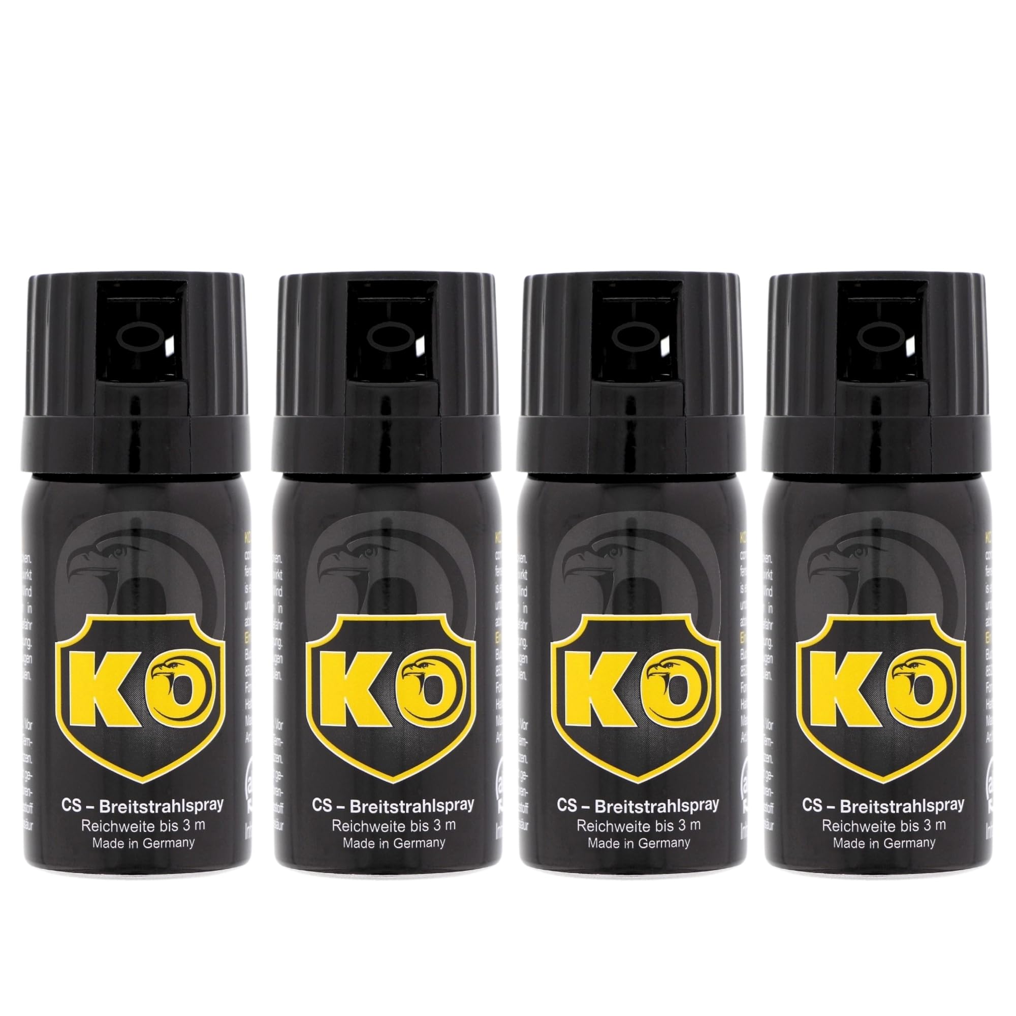4 Stück KO Security CS-Spray 40 ml – Breitstrahl Personenabwehrspray mit BKA-Zulassung - modernes Design - kompakt und diskret