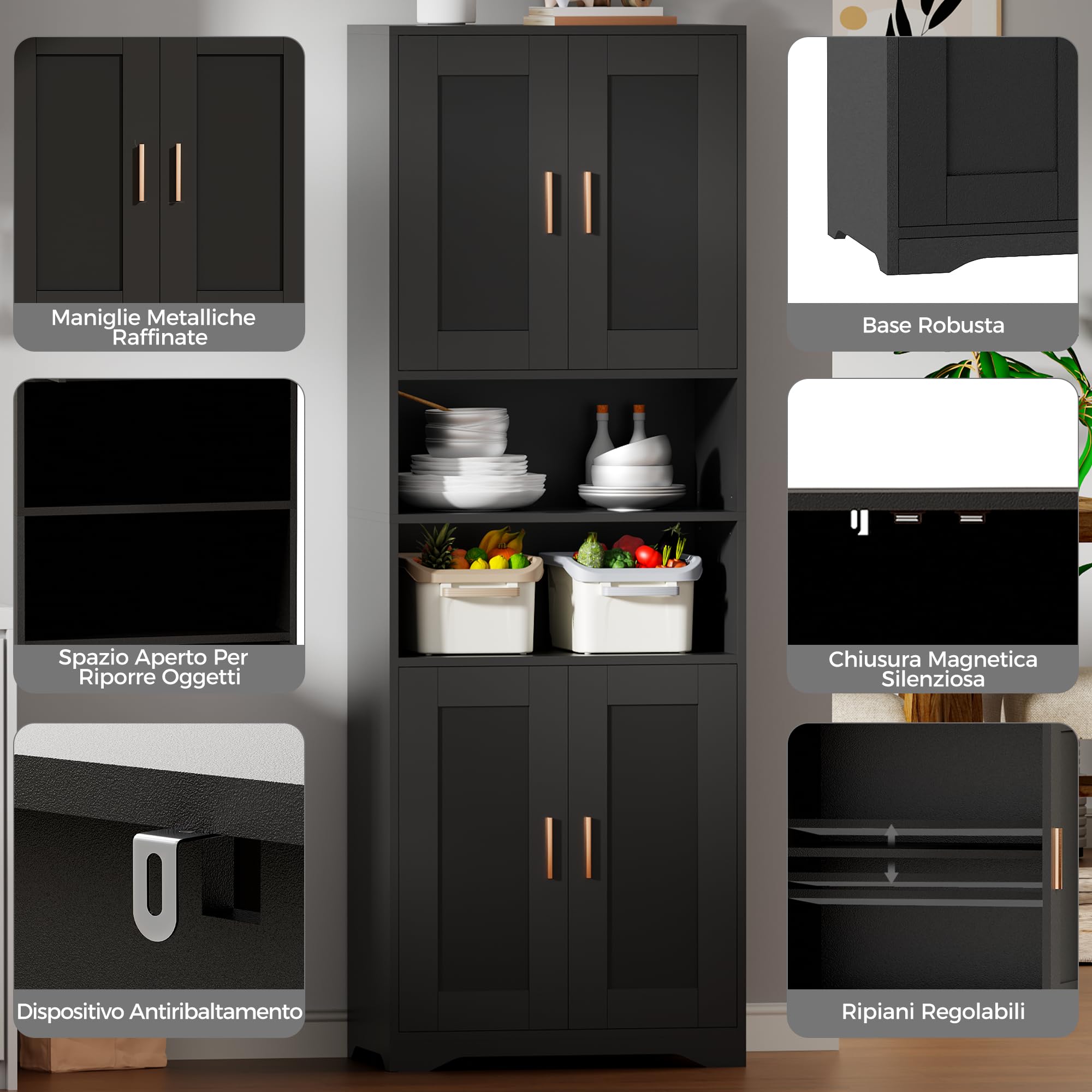 BEWISHOME Mobile Alto da Bagno,rredo Bagno, Mobiletto Bagno Salvaspazio, | Mobiletto Portaoggetti con Spazio Aperto, per Sala da Pranzo, Salotto, Soggiorno, Cucina 30x60x170cm Nero EYYG09B