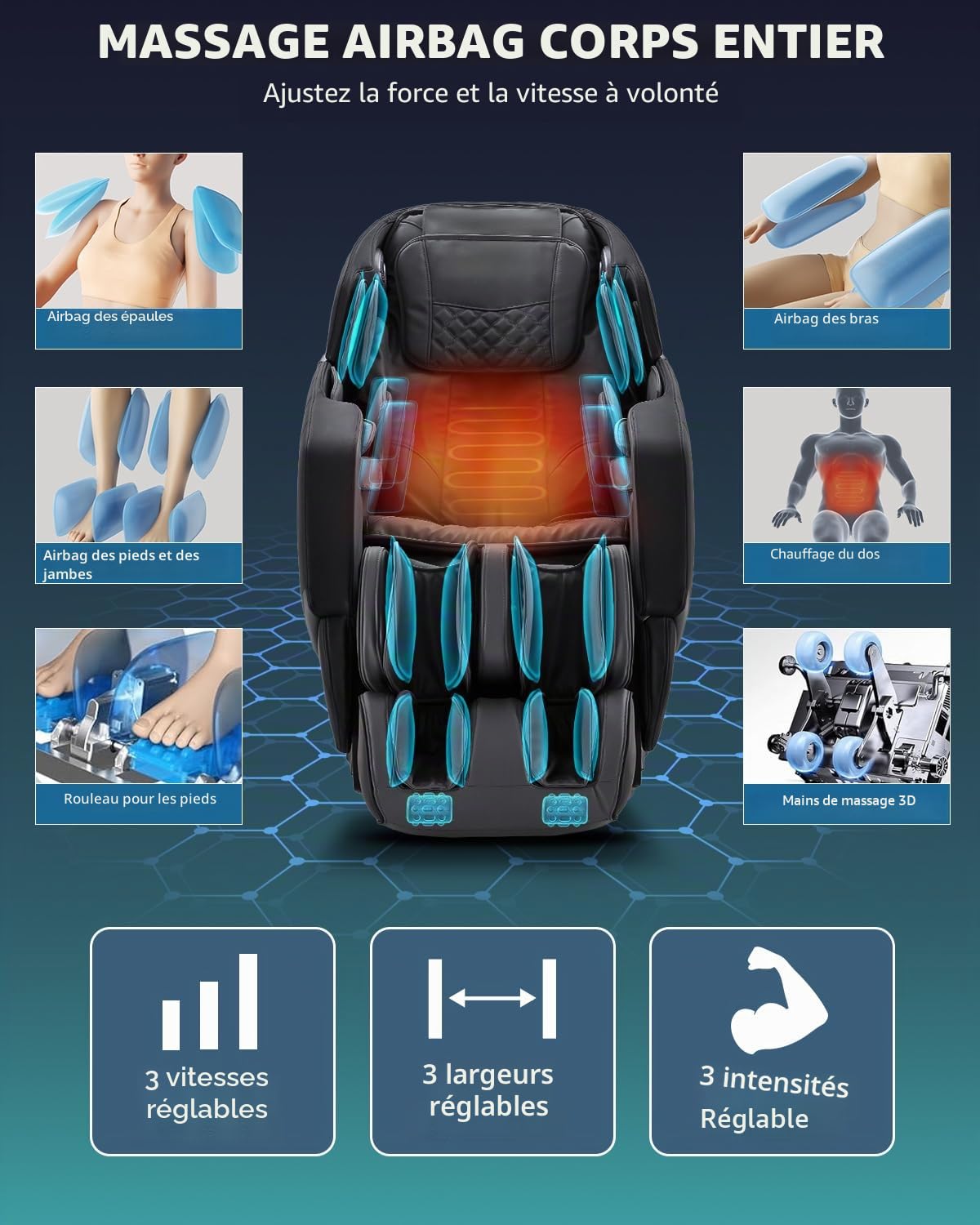 Fauteuil de Massage Complet du Corps avec Zero Gravity 3D Massage Intelligent Body Scan Détection SL Track Massage des Pieds Chauffage Haut-Parleur Bluetooth Noir