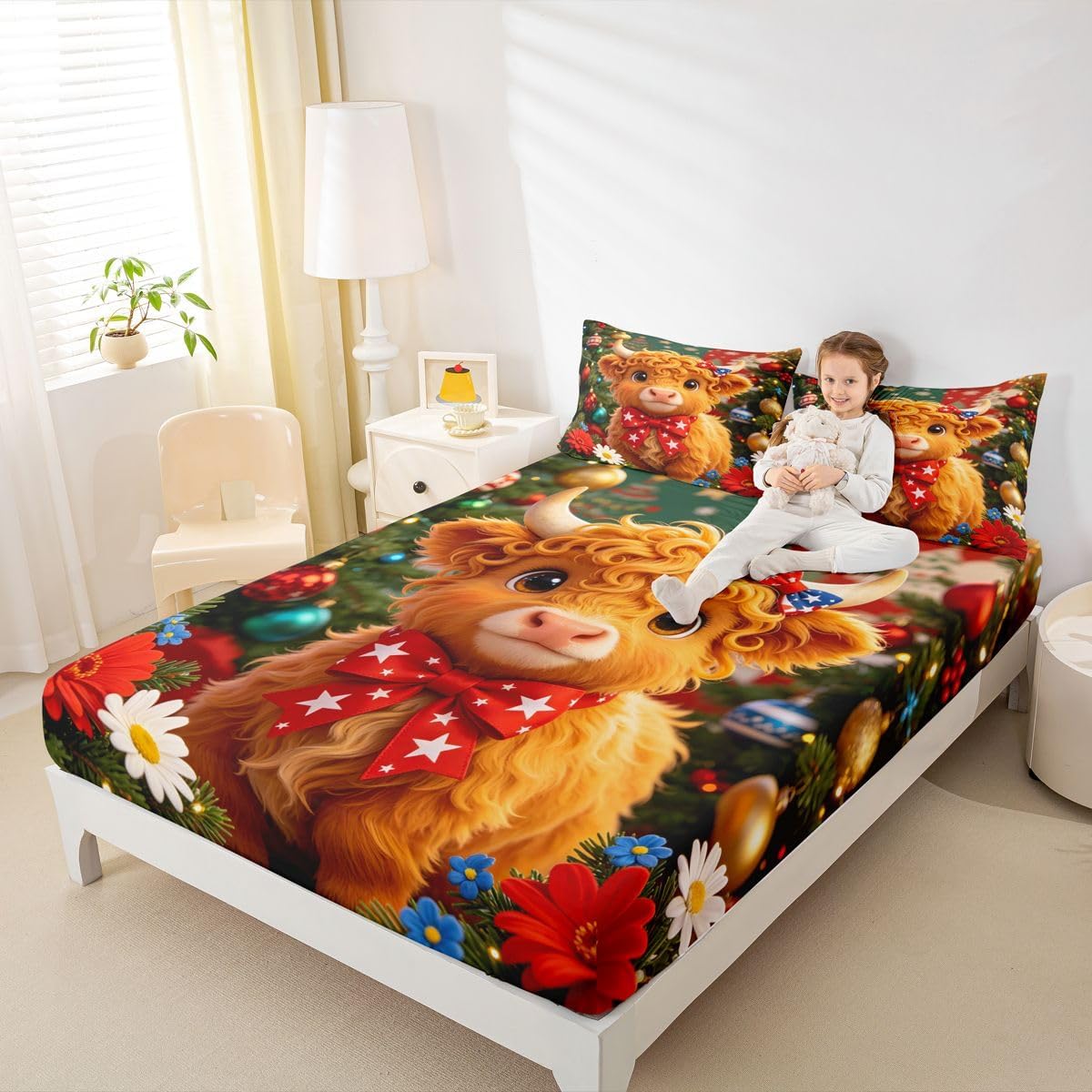 Feelyou Highland Cow Bed Sheets Set Queen Size Highland Cattle Bed Set for Kids Boys Girls 4th of July Deep Pocket Fitted Sheet Breathable Soft Lightweight Microfiber