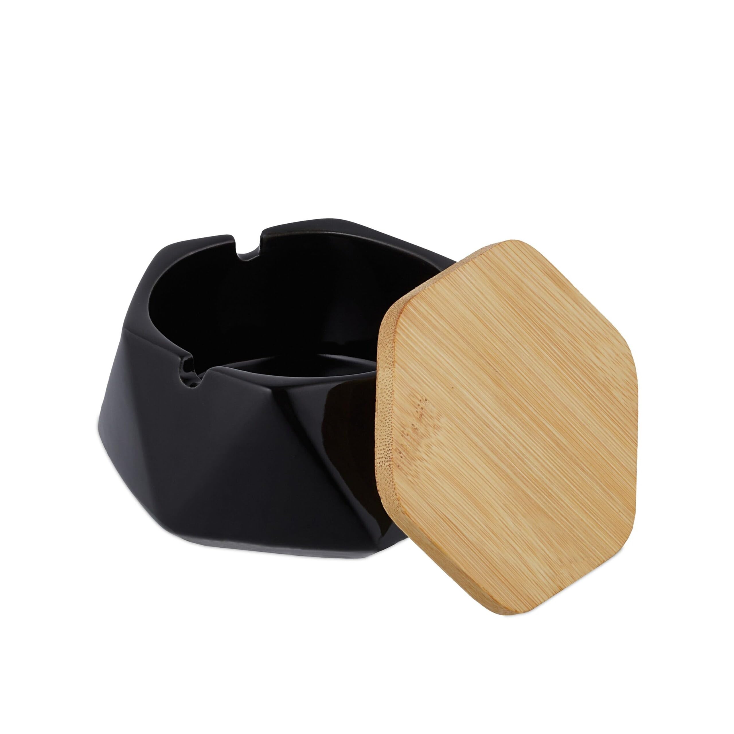 10 posacenere con coperchio, ceramica, interno ed esterno, B x T: 11,5 x 10,5 cm, posacenere antivento, nero/naturale
