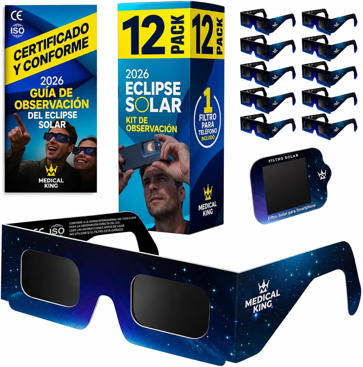 Medical king Solar Eclipse Glasses 12 pk โ ISO 12312-2 and CE Certified Glasses For Safe View Solar Eclipse 2026 โ The Eclipse August 12, 2026 With 2 Phone Lenss