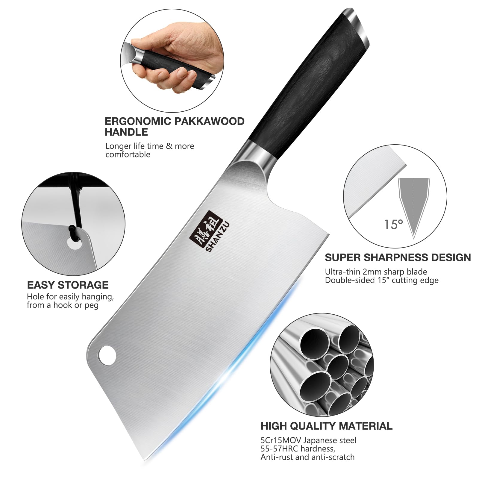 SHAN ZU Couteau de cuisine, couperet à viande avec trou de 17,8 cm, couteau de chef tranchant, hachoir à légumes japonais en acier inoxydable à haute teneur en carbone avec manche en bois de pakka
