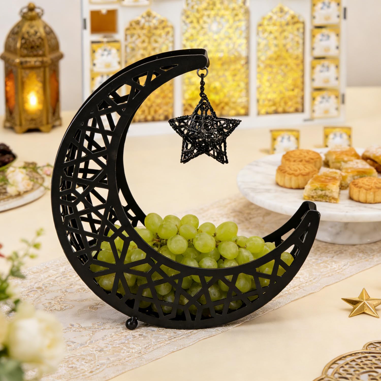 Ramadan Decoration Ramadan Trays, Metal Eid Mubarak Plates Moon Star Serving Trays Food Storage Containers Dinner Plate Dessert Platters Crescent Display Tray Holder for Eid Party Favor