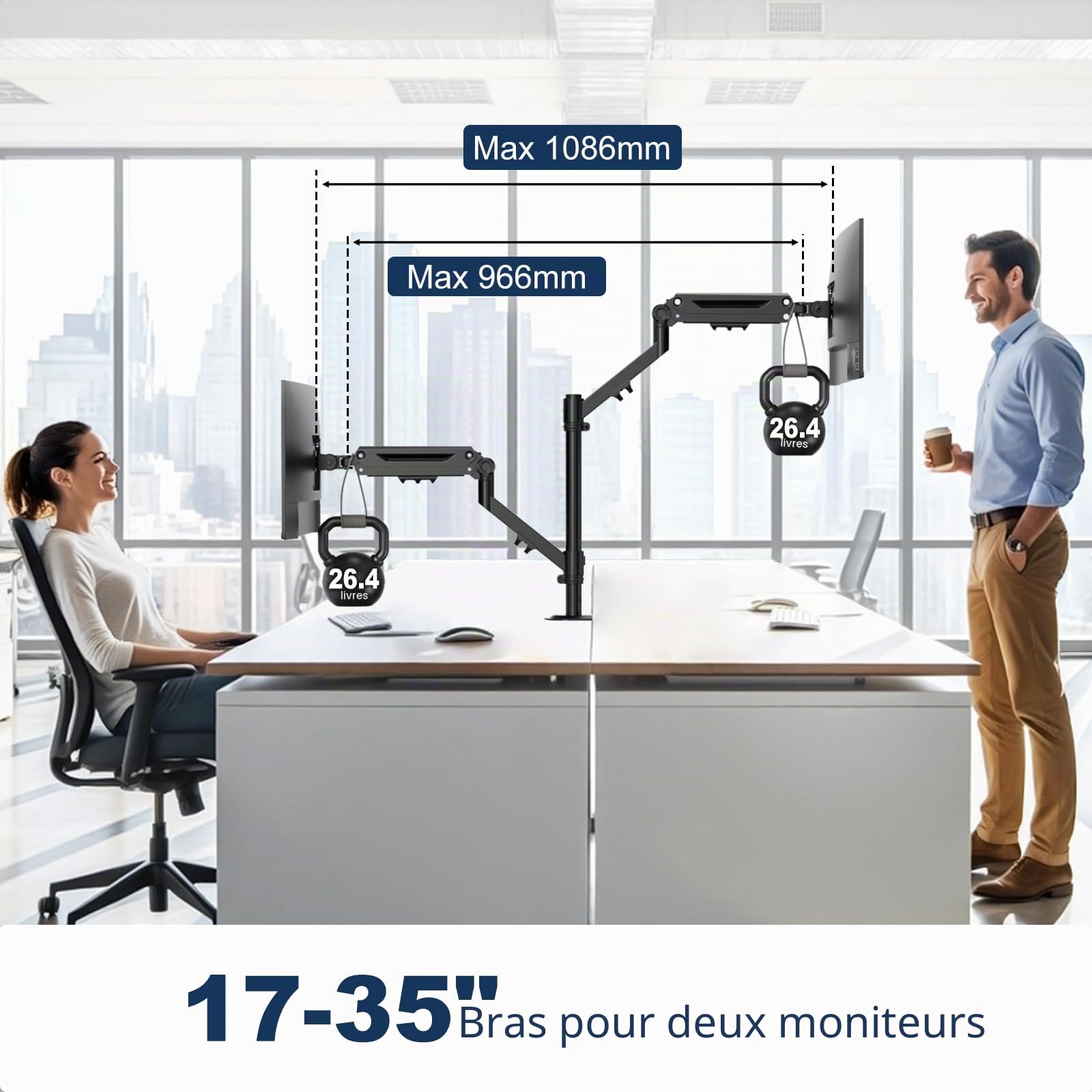 Support Double Moniteur pour 17 à 40 Pouces, supporte jusqu'à 12 kg, Bras de Moniteur pour 2 moniteurs placés verticalement/parallèlement, Montage VESA 75/100 mm