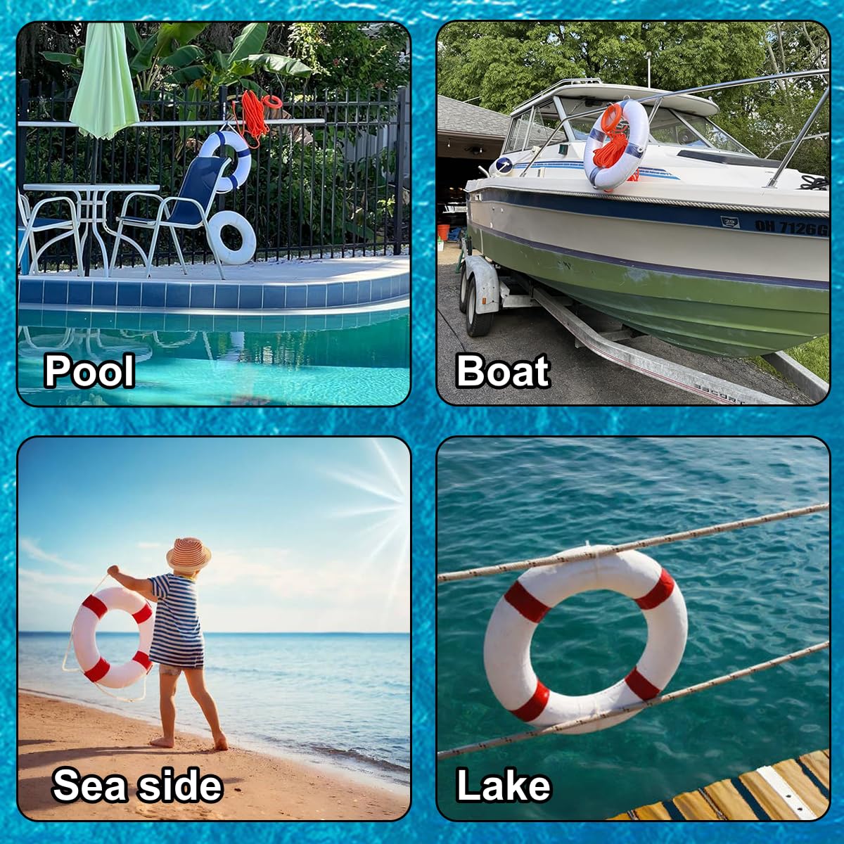 Rettungsring-Set, 50,8 cm, Rettungsring und schwimmendes schwimmendes Rettungsseil, 20 m, Schwimmring aus Schaumstoff, Sicherheits-Wurfring mit Umlaufseil, Wurfgerät