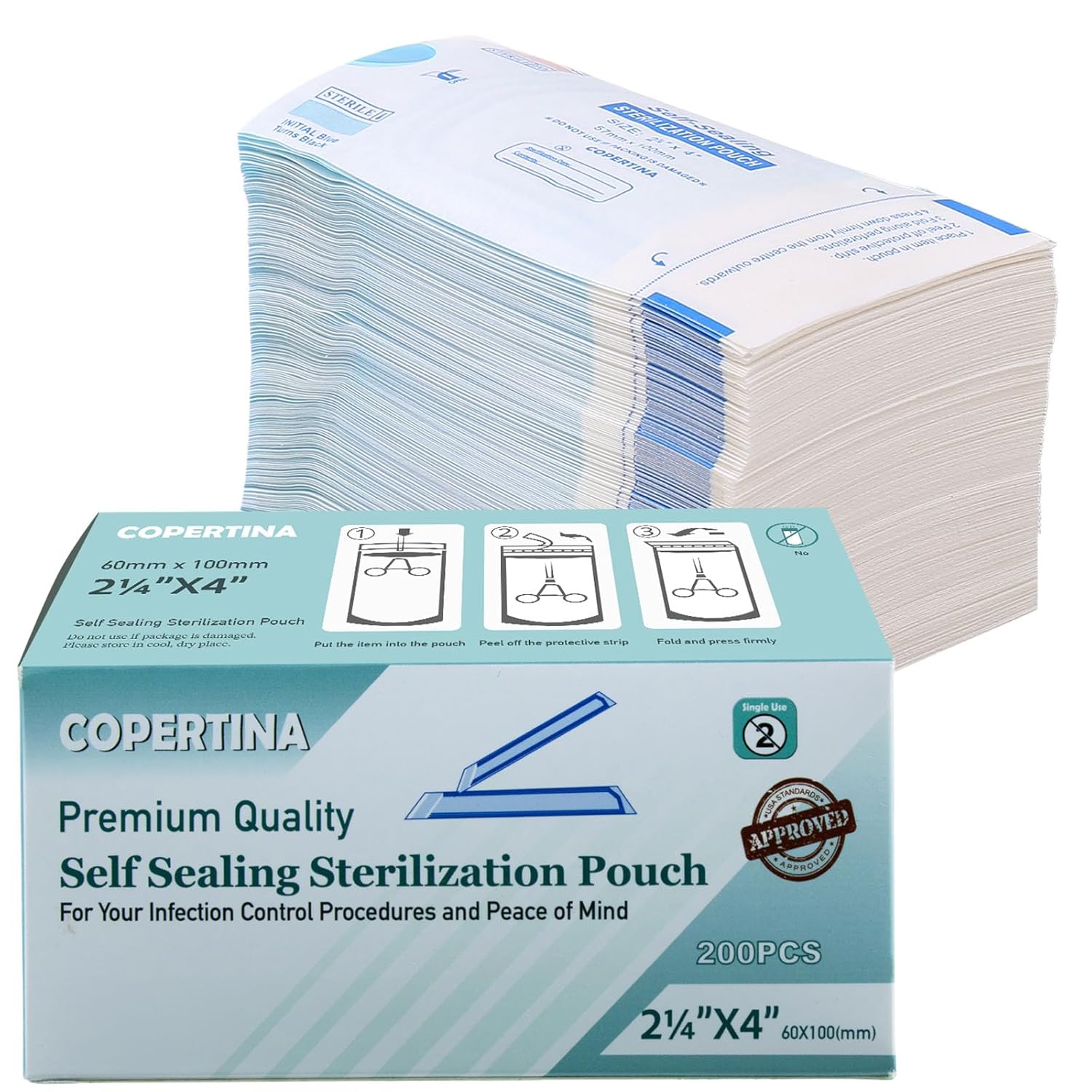 200 Pcs Self Sealing Sterilization Pouches 2.25” x 4” | Dual Indicators Autoclave Sterilizer Bags for Dental Medical Instruments Clean Tools