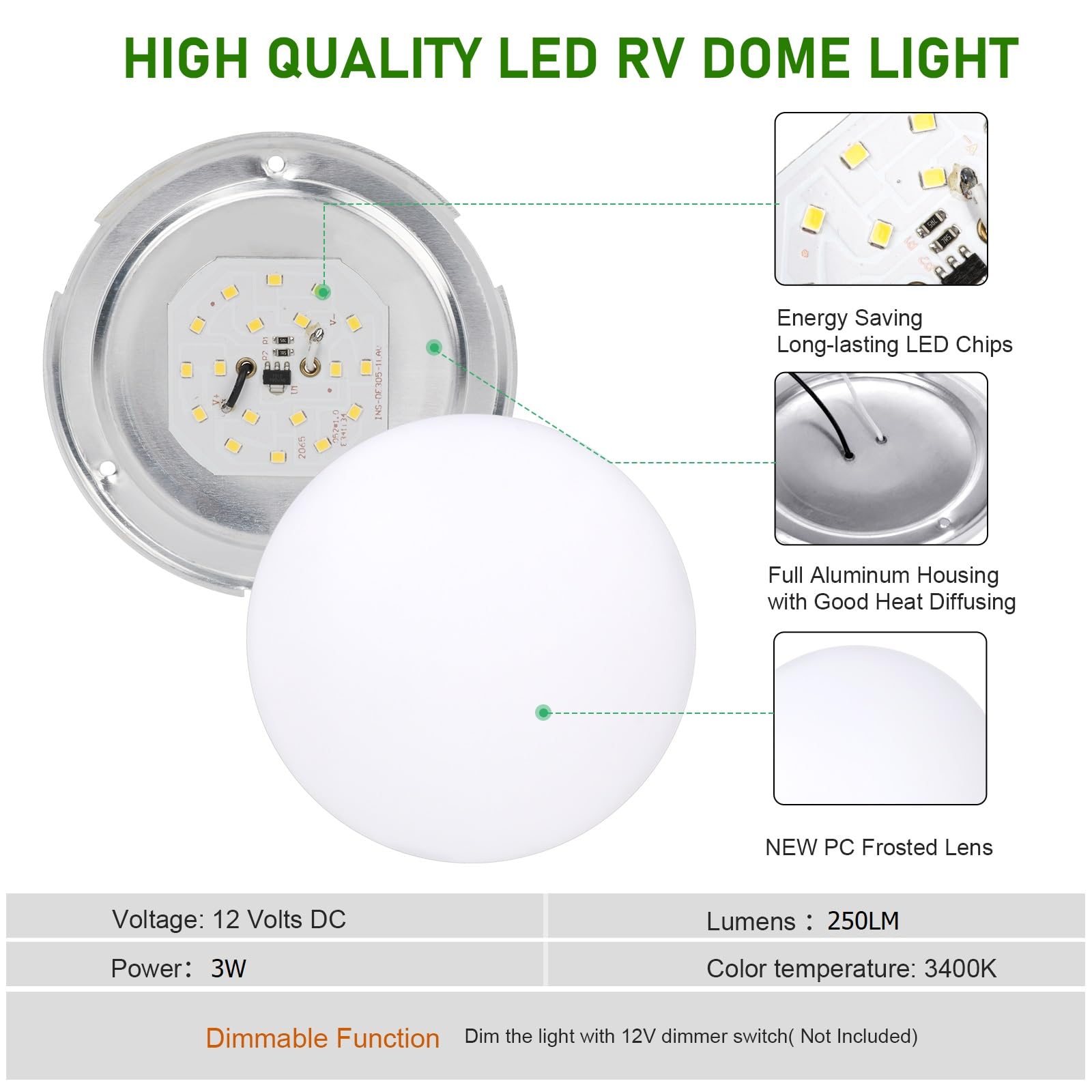 Risestar Oświetlenie szafkowe 8,9 cm - 12 V LED, ultra cienkie lampy sufitowe do lamp RV, świateł przyczep, świateł do łodzi, ciepła biel, 3000-3500 K, ściemnialne światła na werandę (6 sztuk)