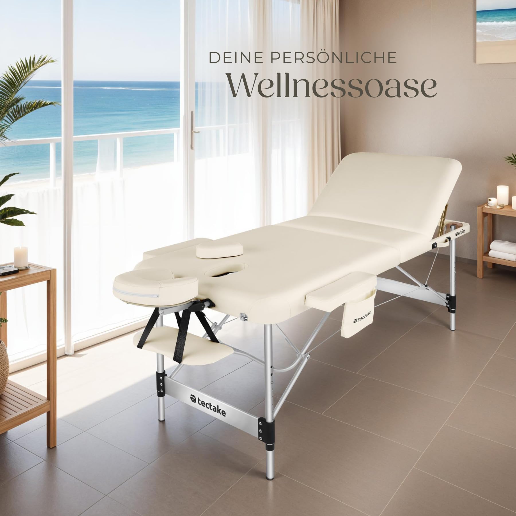 tectake Massageliege 3 Zonen klappbar höhenverstellbar Aluminium Massagetisch tragbar inkl. Zubehör beige