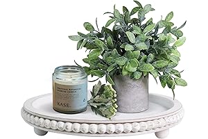 White Wood Beaded Tray - 12in Round Decorative Tray